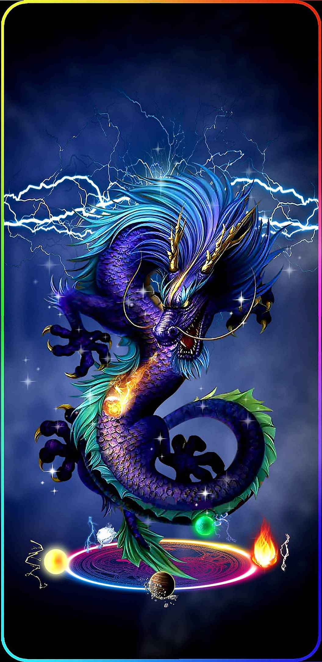 雷龍 桌布 壁紙 — 一隻雄偉的紫色龍，擁有電光藍色的鬃毛和綠色的尾巴，在暴風雨的天空和閃電中盤旋在發光的魔法圓圈上方。