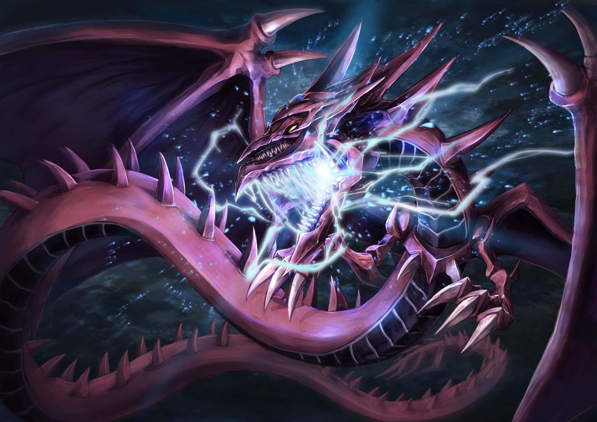 Yugioh Dragons 桌布 壁紙 — 一隻雄偉的紫色龍，眼睛發光，嘴巴周圍閃電劈啪作響，在星空宇宙背景下咆哮。