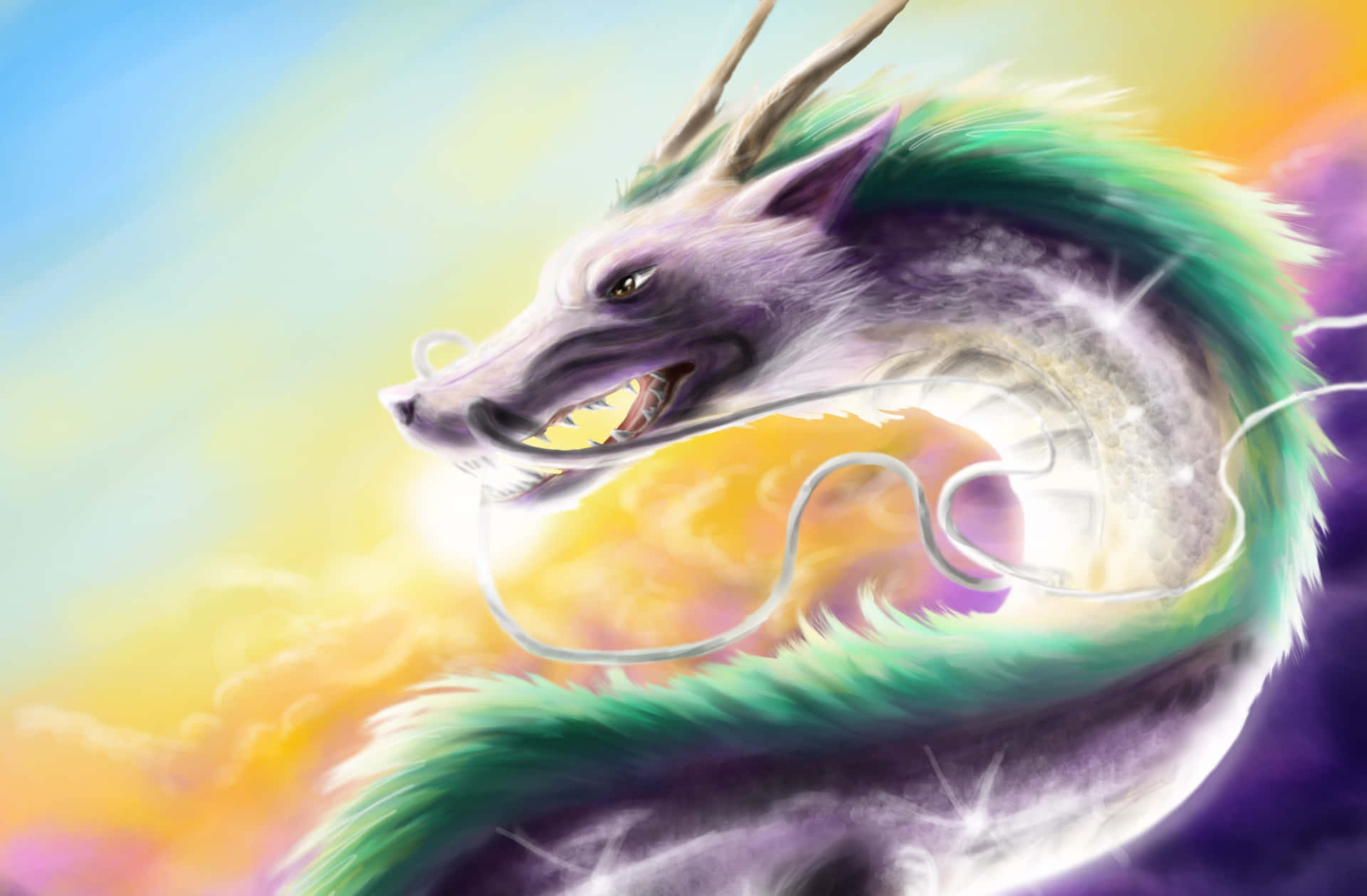 吉卜力工作室 桌布 壁紙 — 一隻雄偉的紫色龍，綠色鬃毛，盤旋在燦爛的彩虹天空中，散發著神秘的能量。