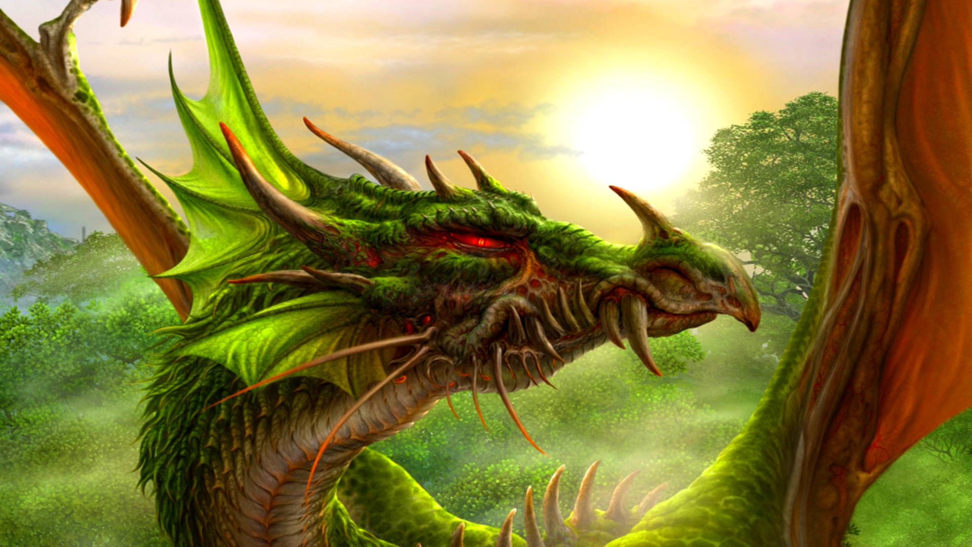 Green Dragon 桌布 壁紙 — 一隻雄偉的綠色巨龍，眼睛發出紅光，棲息在迷霧森林中，背景是金色的日落。