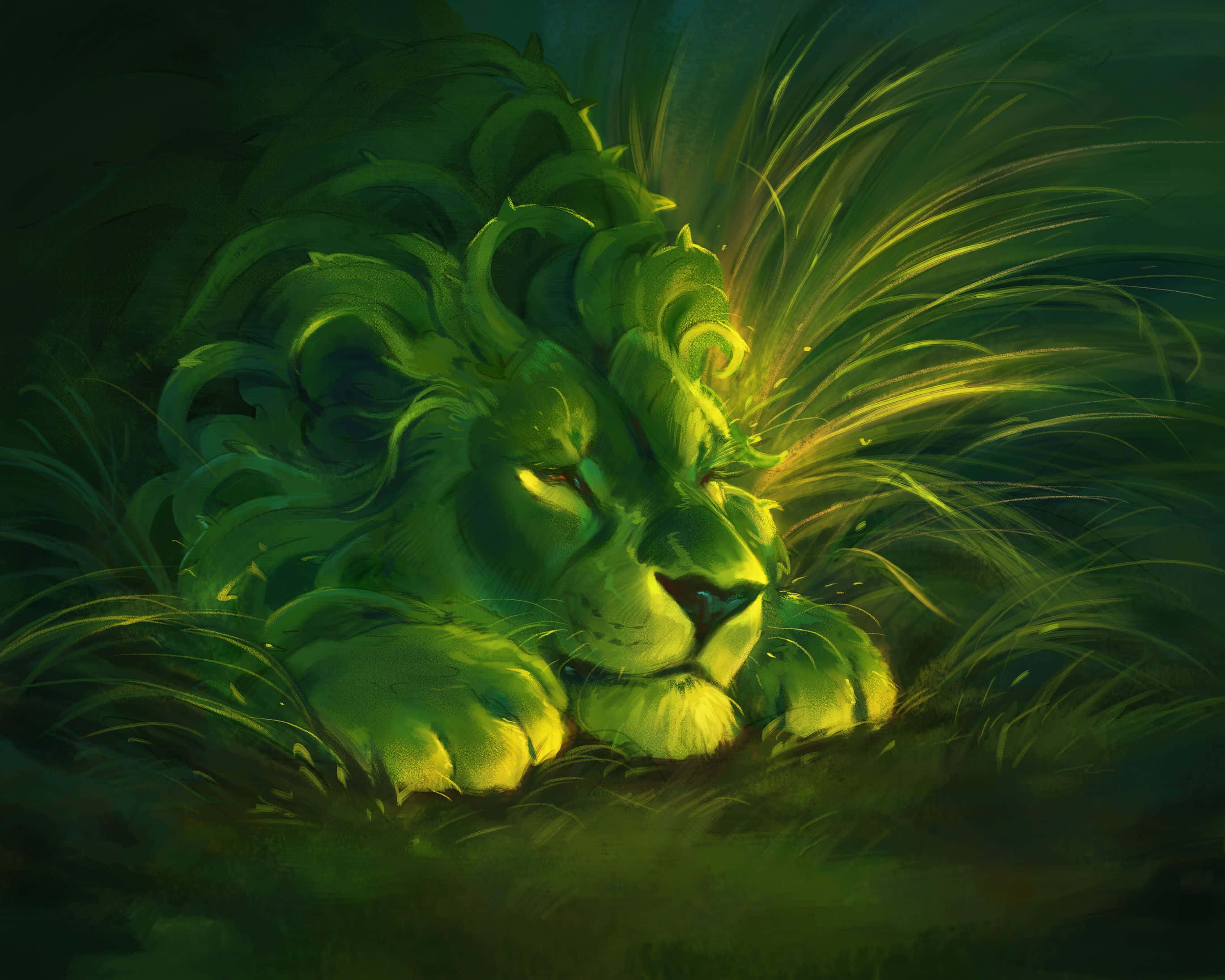 Lions 桌布 壁紙 — 一隻雄偉的綠色獅子在柔和環境光下，平靜地躺在發光的草地上休息。
