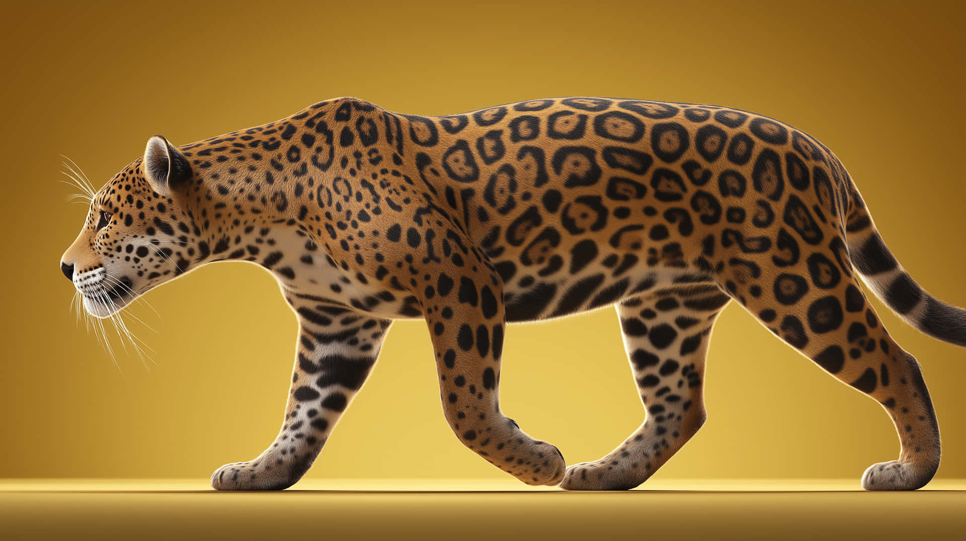 Powerful Jaguar Stride on Seamless Studio Horizon 壁紙 — 一隻雄偉的美洲豹自信地走在純金黃色背景上，柔和的光線凸顯其斑點皮毛。