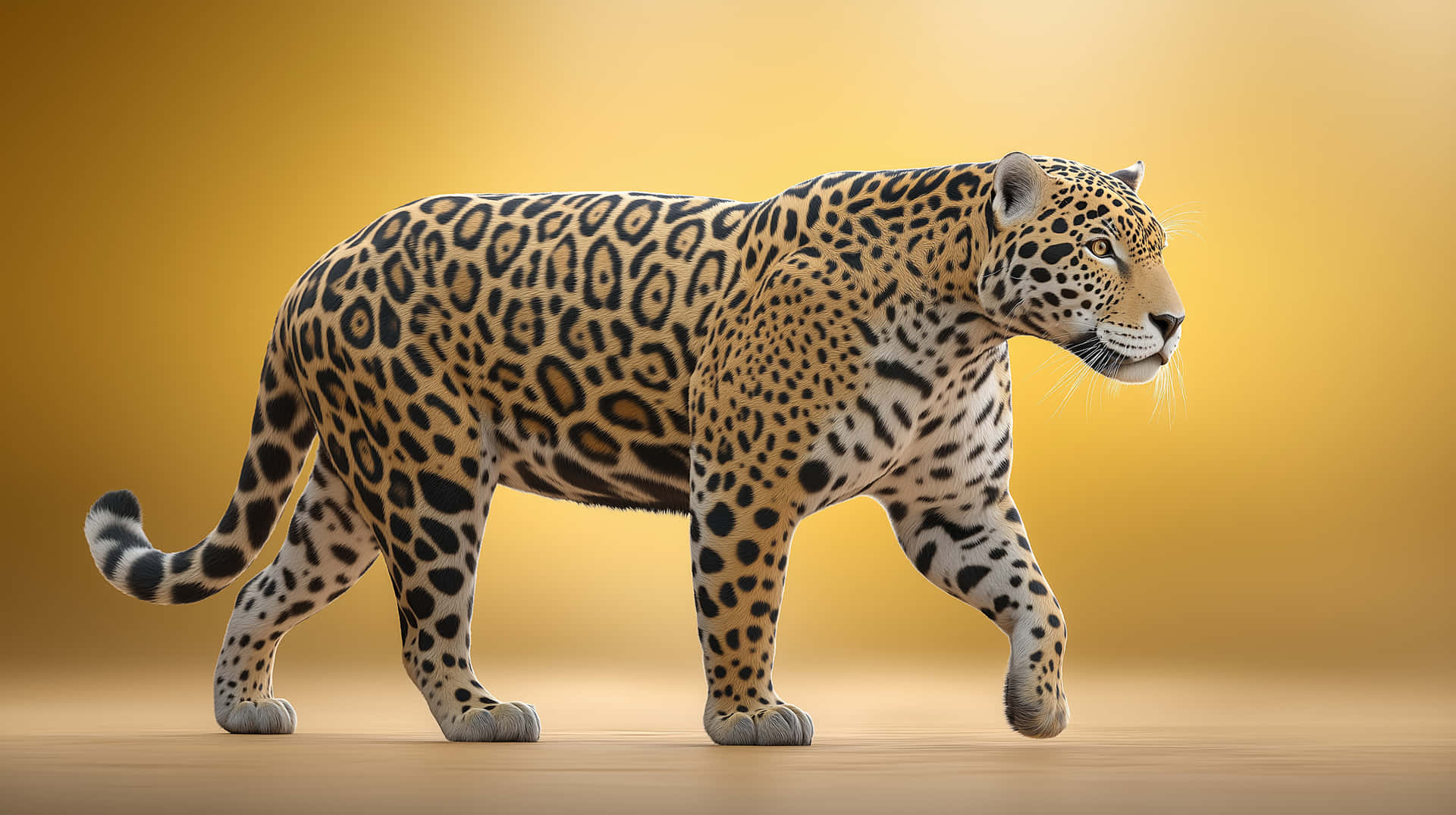 Majestic Jaguar in Profile on Minimalist Studio Background 壁紙 — 一隻雄偉的美洲豹自信地走過光滑的木地板，背景是溫暖的金色漸變。