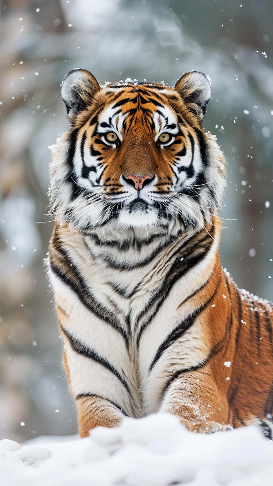 Animal king tiger and winter background 壁紙 — 一隻雄偉的老虎，身上有橙色條紋和雪花，從白雪皚皚的森林中凝視著。