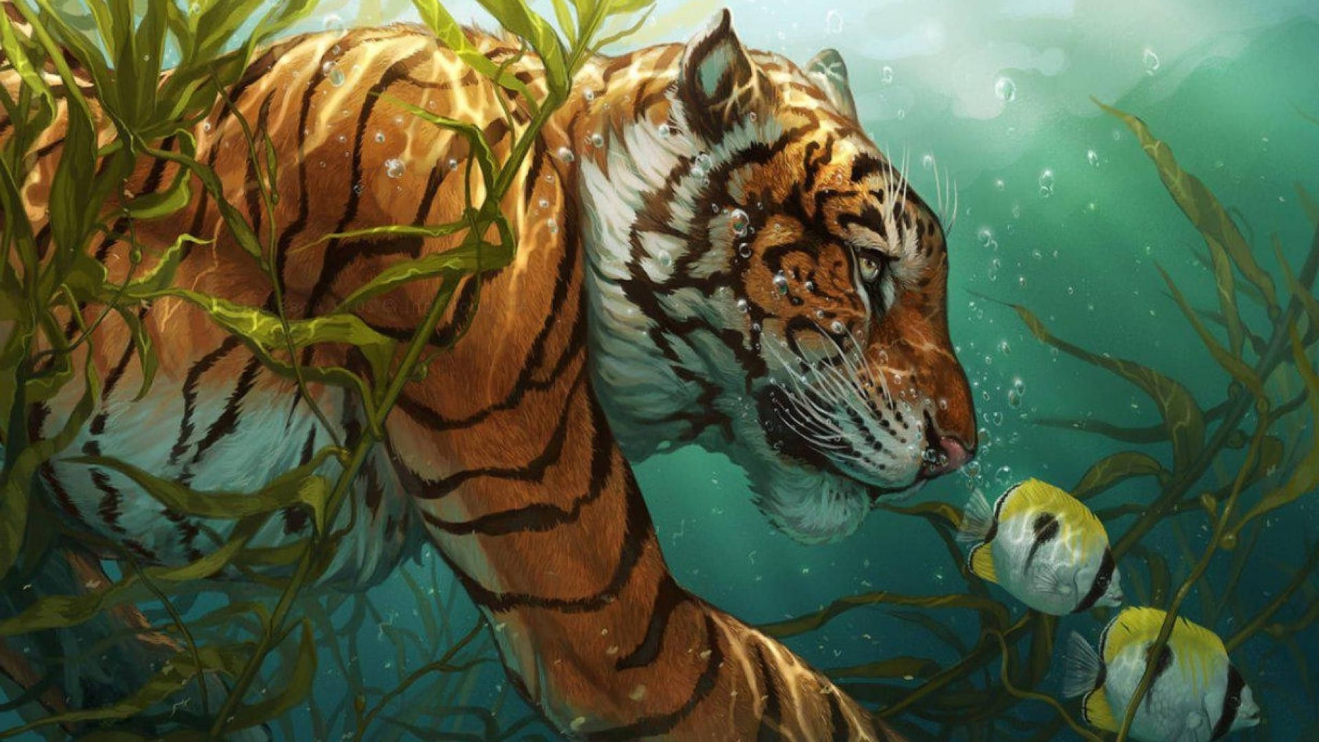 animals 桌布 壁紙 — 一隻雄偉的老虎在陽光照射的水下海藻叢中優雅地游動，附近有色彩繽紛的魚類。