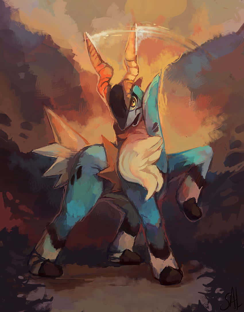Pokemon Aesthetic 桌布 壁紙 — 一隻雄偉的藍橙色龍形生物，擁有發光的角和翅膀，在熾熱的日落天空下勝利地咆哮。