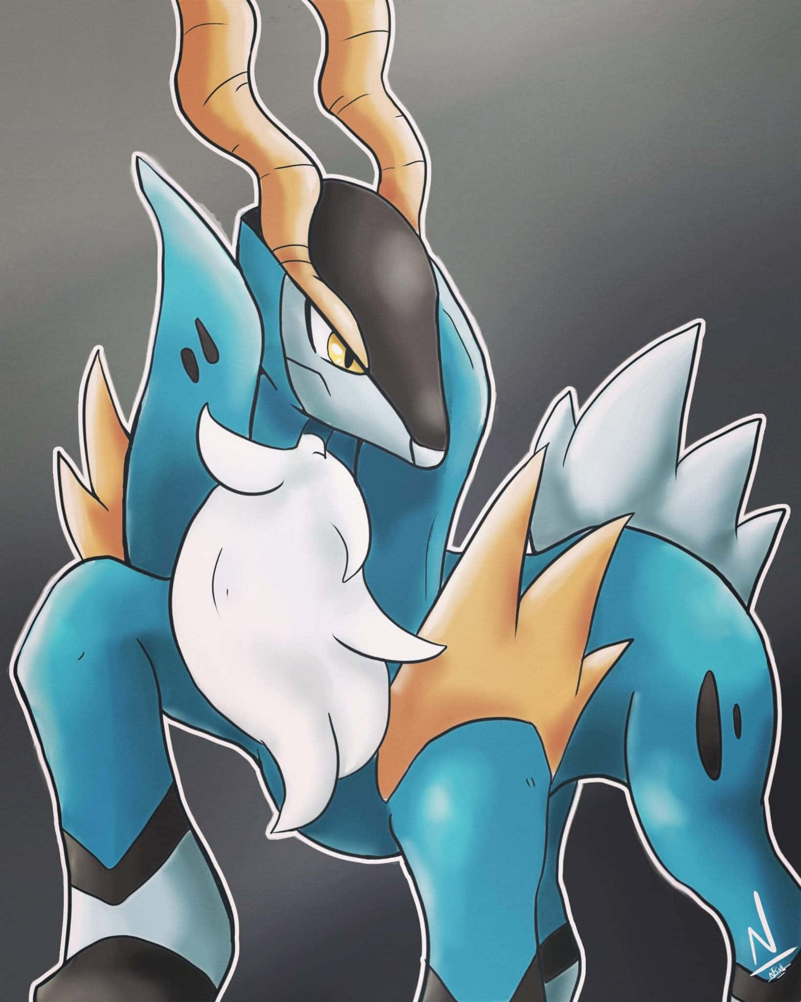 Pokemon Aesthetic 桌布 壁紙 — 一隻雄偉的藍白相間動漫生物，長有橙色角和鋒利尖刺，自豪地站在深灰色背景前。
