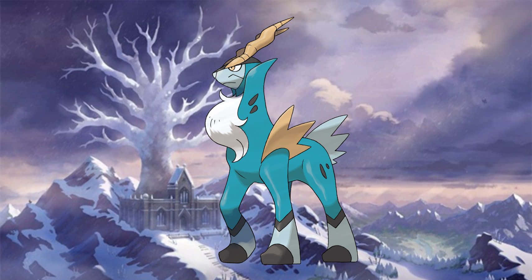 Pokemon Aesthetic 桌布 壁紙 — 一隻雄偉的藍白相間寶可夢自豪地站在白雪皚皚的山頂上，背景是戲劇性的紫色天空、一棵光禿禿的樹和一座城堡。