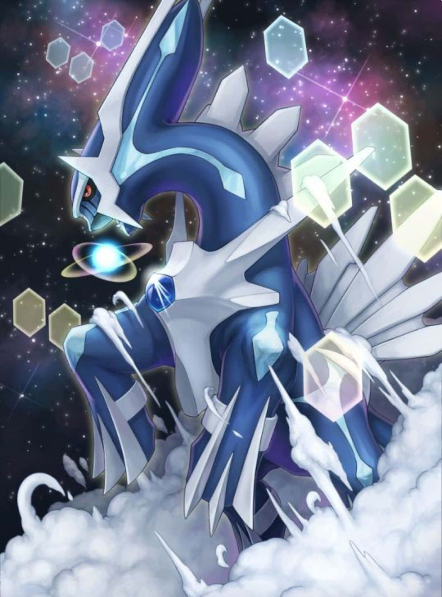 Dialga 桌布 壁紙 — 一隻雄偉的藍白龍型寶可夢站在雲端上，背景是星光宇宙和發光的六邊形。