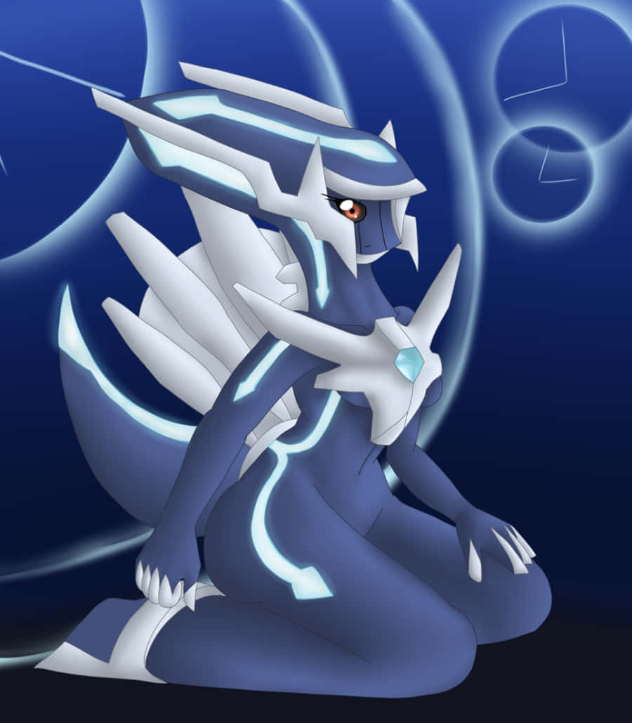 Dialga 桌布 壁紙 — 一隻雄偉的藍白龍形寶可夢，帶有發光電路，跪在深藍色背景上，背景有浮動的時鐘面。