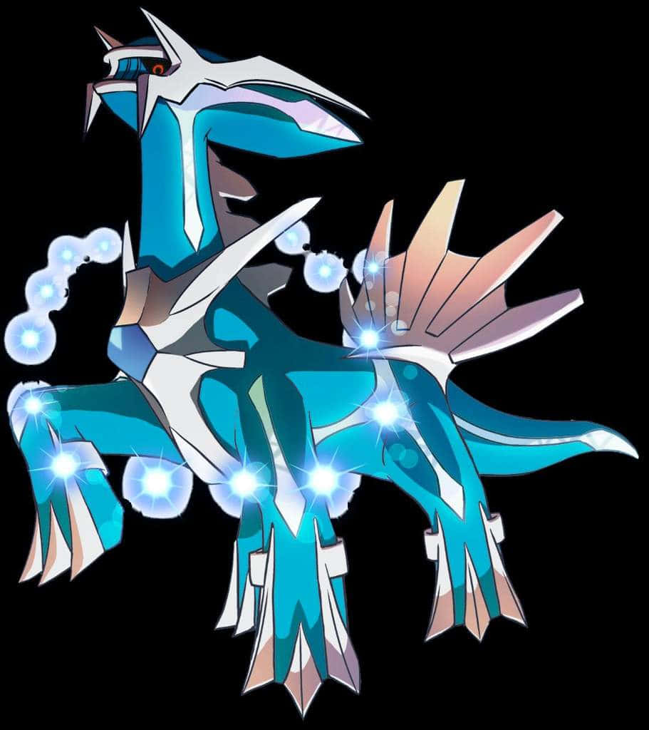 Dialga 桌布 壁紙 — 一隻雄偉的藍白龍系寶可夢，帶有發光球體和鋒利的水晶特徵，背景為黑色。