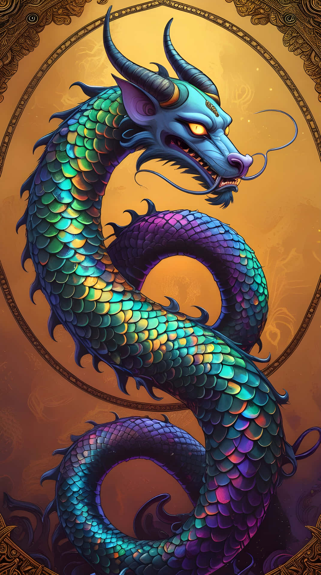 A poisonous snake wallpapers 壁紙 — 一隻雄偉的藍紫色龍，擁有發光的黃色眼睛，優雅地盤旋在華麗的金色圓形框架內。