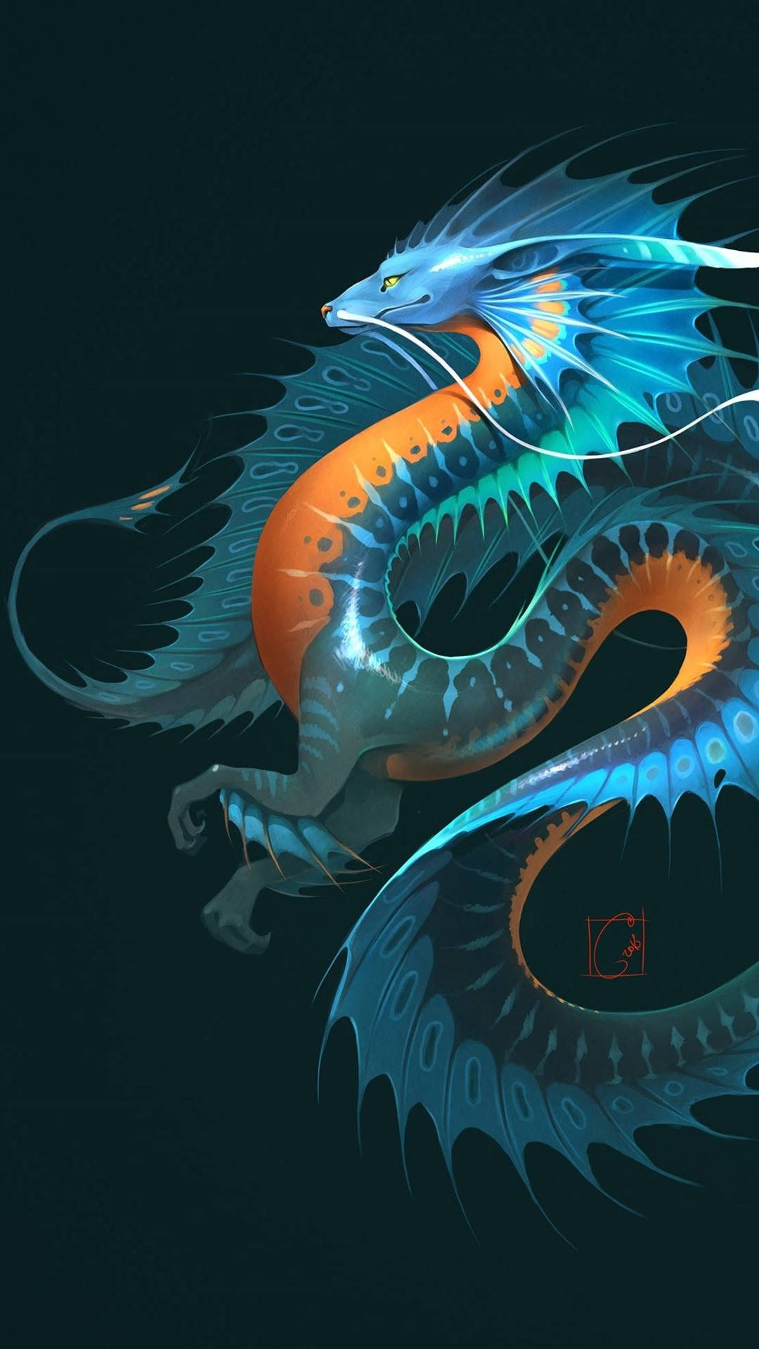 Water Dragon 桌布 壁紙 — 一隻雄偉的藍色和橙色龍，帶有發光的翅膀，在黑暗背景上優雅地盤繞。