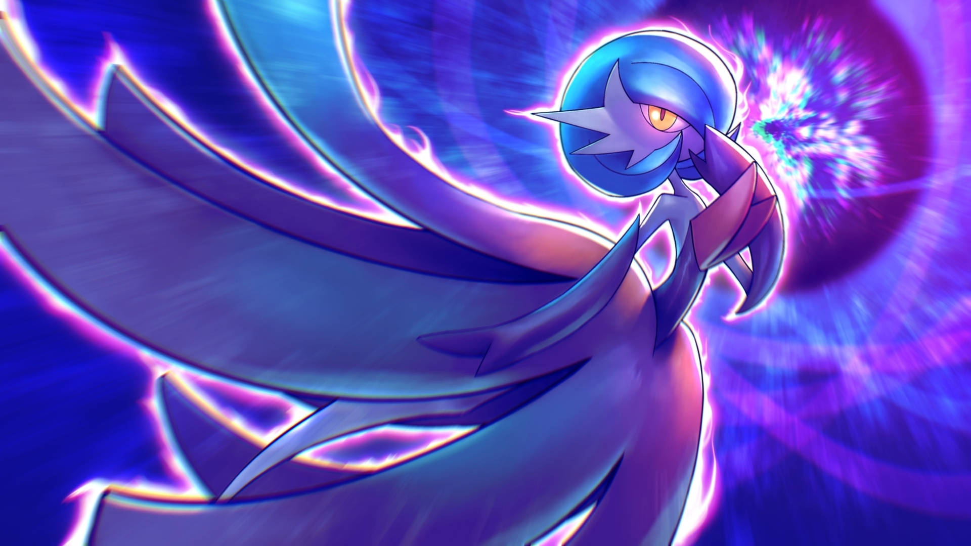 Gardevoir 桌布 壁紙 — 一隻雄偉的藍色和紫色動畫寶可夢，擁有發光的翅膀，在旋轉的宇宙背景下釋放出強大的能量爆炸。