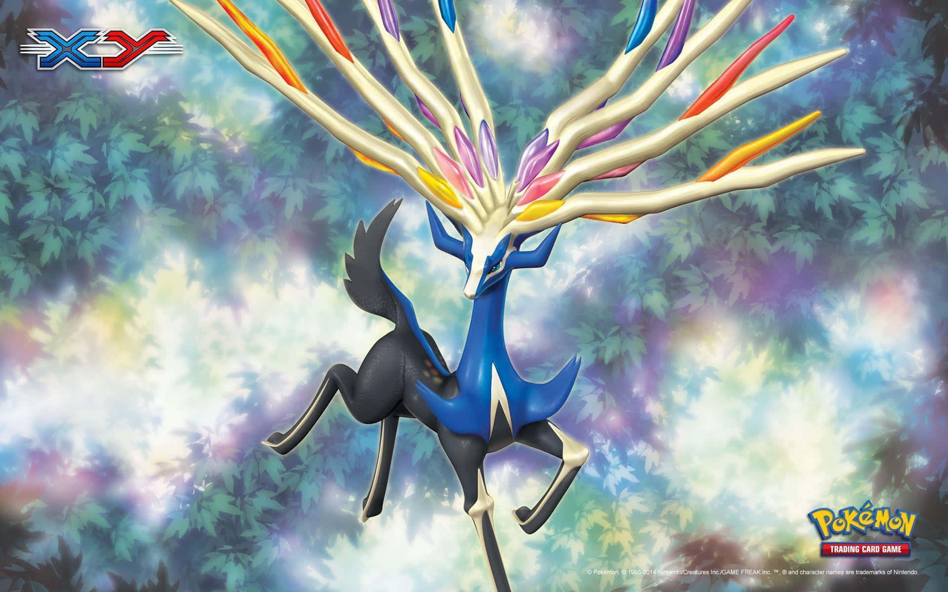 Real Pokemon X Y 桌布 壁紙 — 一隻雄偉的藍色和黑色寶可夢，擁有閃耀的多色鬃毛，在夢幻般的森林背景下翱翔。