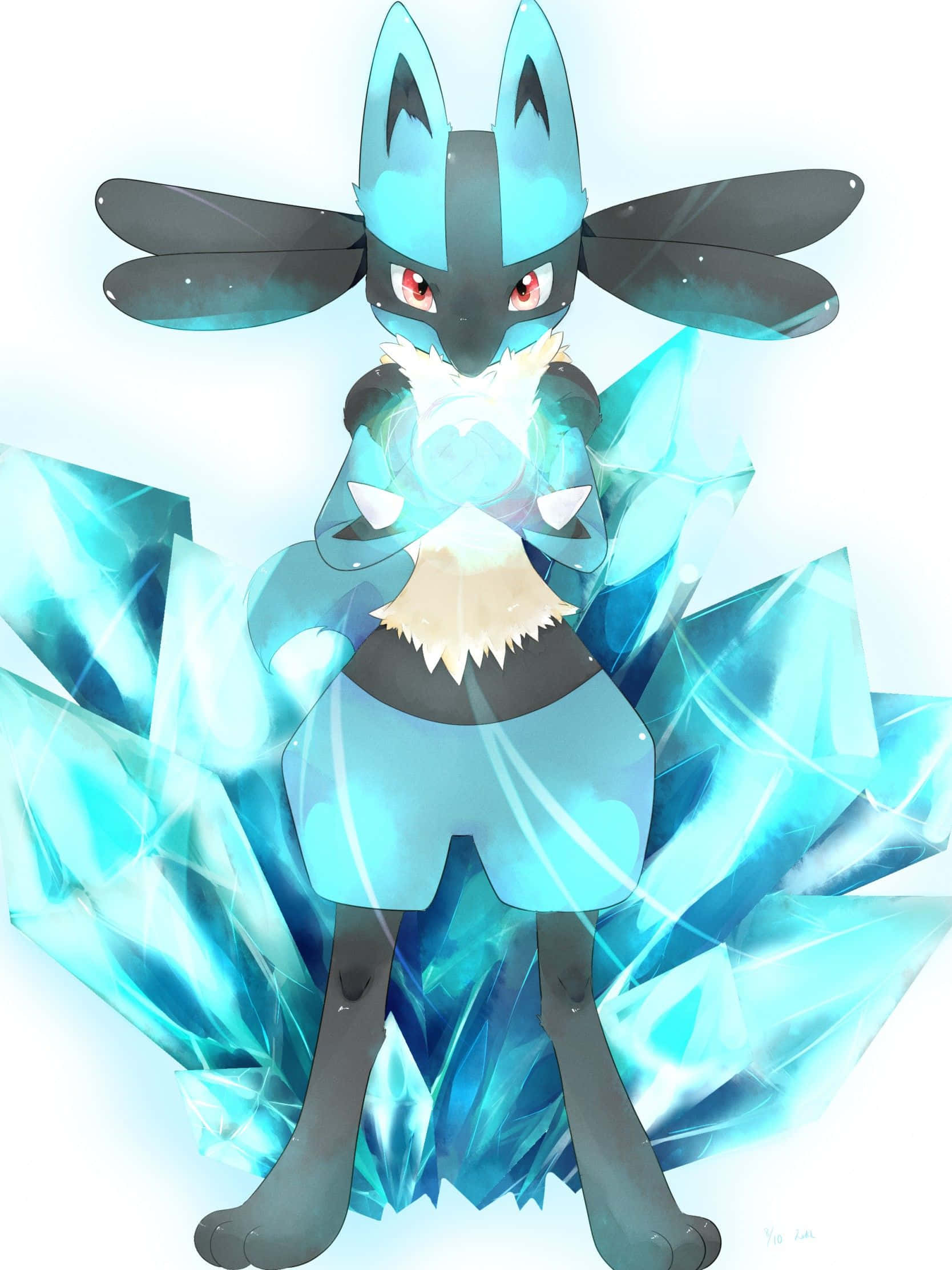 Pokemon Lucario 桌布 壁紙 — 一隻雄偉的藍色和黑色寶可夢站在明亮的白色背景前，被發光的晶體碎片包圍。