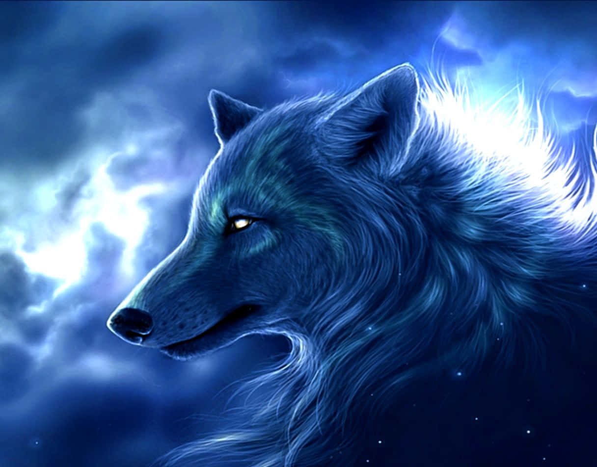 Beautiful Wolf 桌布 壁紙 — 一隻雄偉的藍色狼，眼睛發光，在充滿電光藍色閃電和星星的暴風雨夜空中向前凝視。