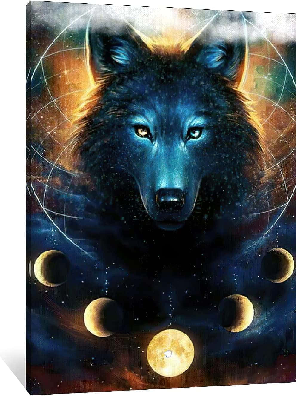 Wolf Art 桌布 壁紙 — 一隻雄偉的藍色狼，眼睛發光，在包含天體和星雲的宇宙背景下向前凝視。