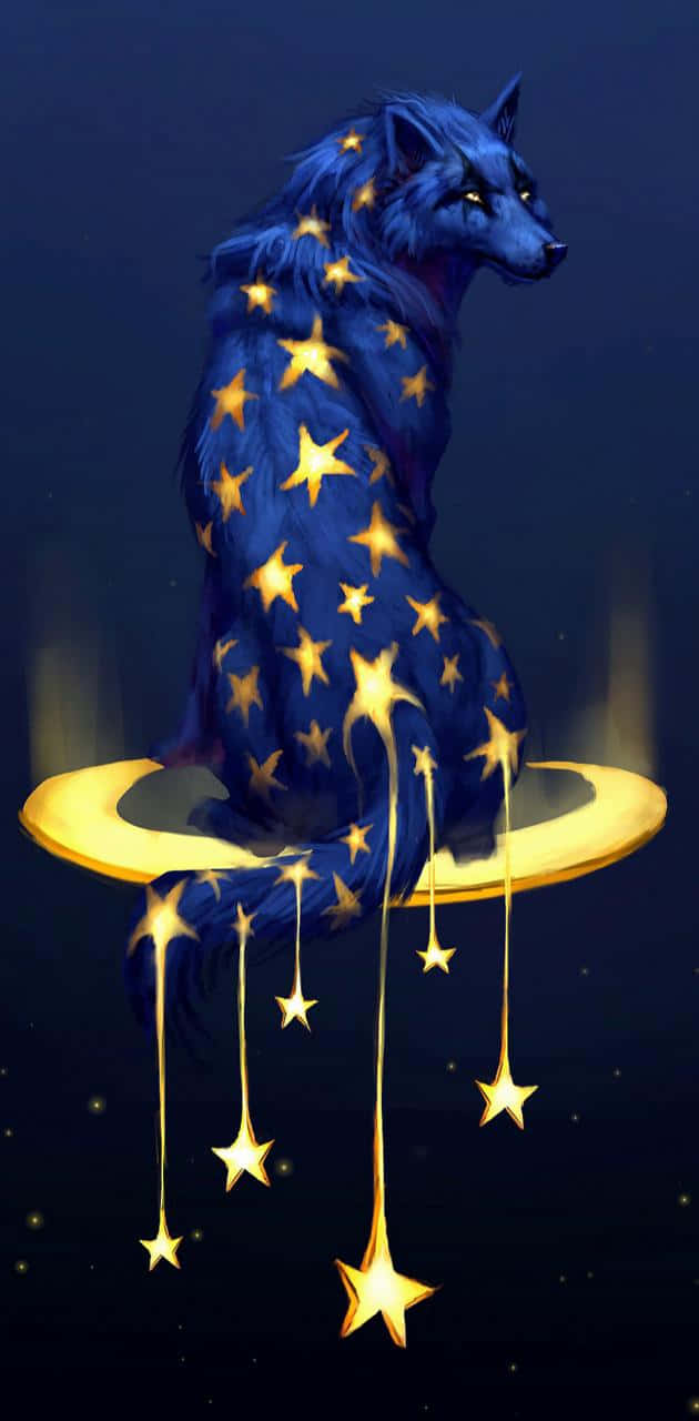 Stars 桌布 壁紙 — 一隻雄偉的藍色狼，飾有發光的金色星星，坐在新月上，尾巴滴落著星星。