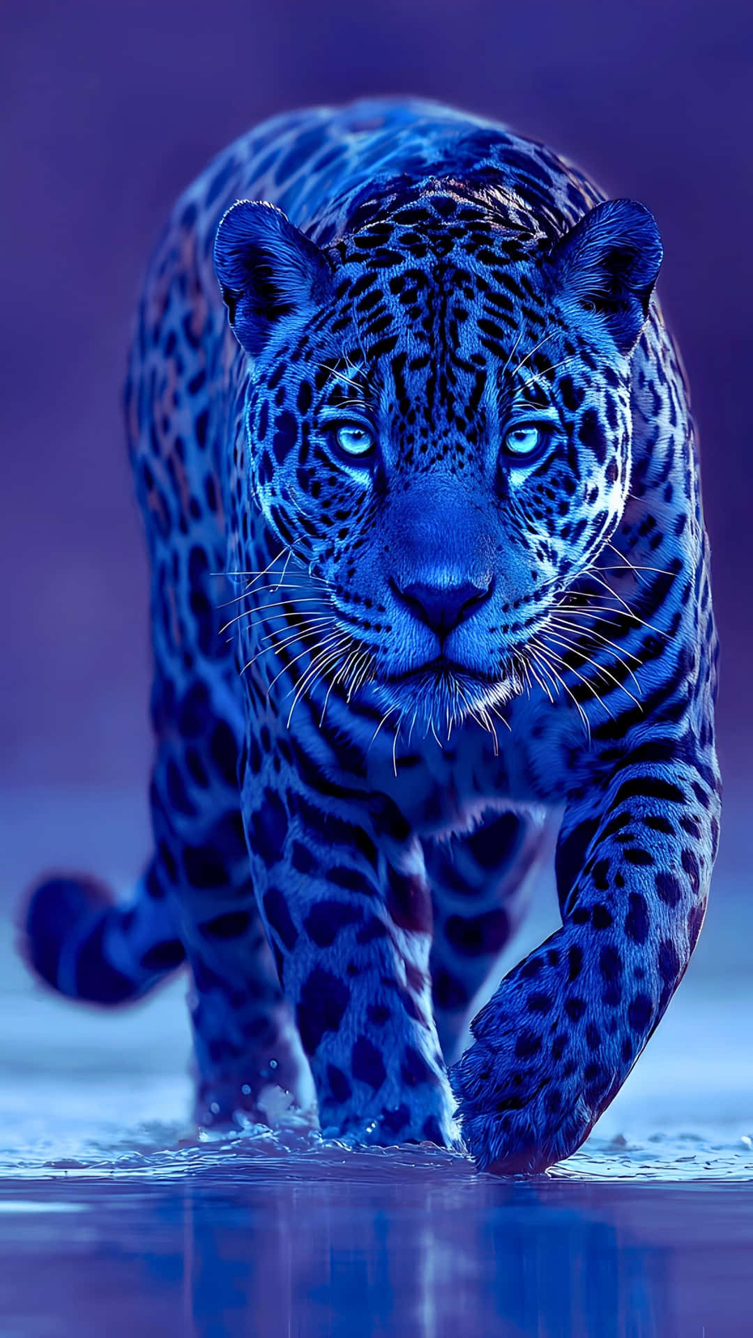 Mystical blue jaguar emerges from the tranquil water with piercing eyes 壁紙 — 一隻雄偉的藍色美洲豹穿過淺水前進，眼睛發出強烈的光芒，下方有反射表面。
