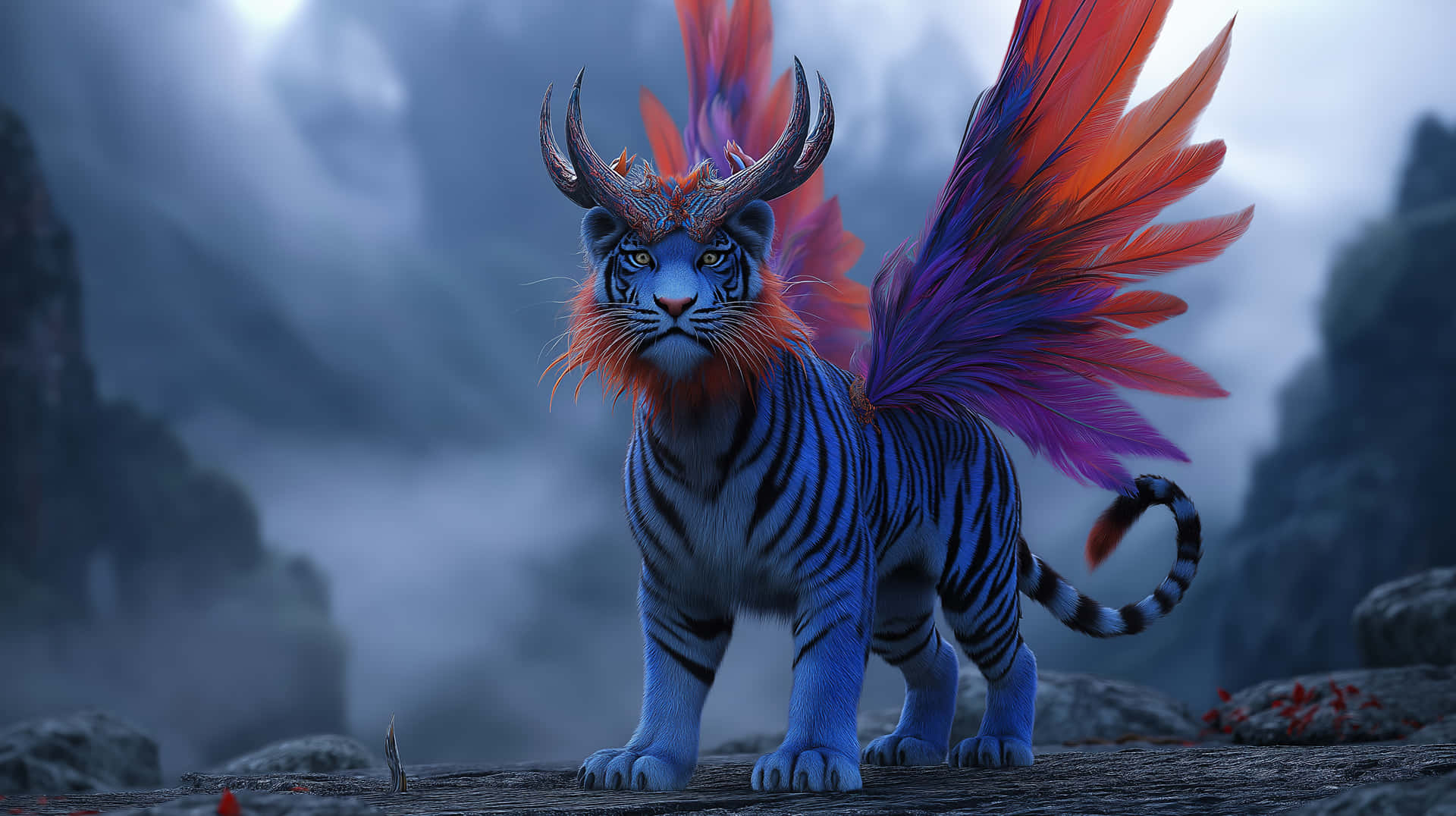 Fantasy Striped Feline with Majestic Horns and Wings 壁紙 — 一隻雄偉的藍色老虎，帶有火紅和紫色的羽毛翅膀和角狀頭部，站在霧氣籠罩的山脊上。