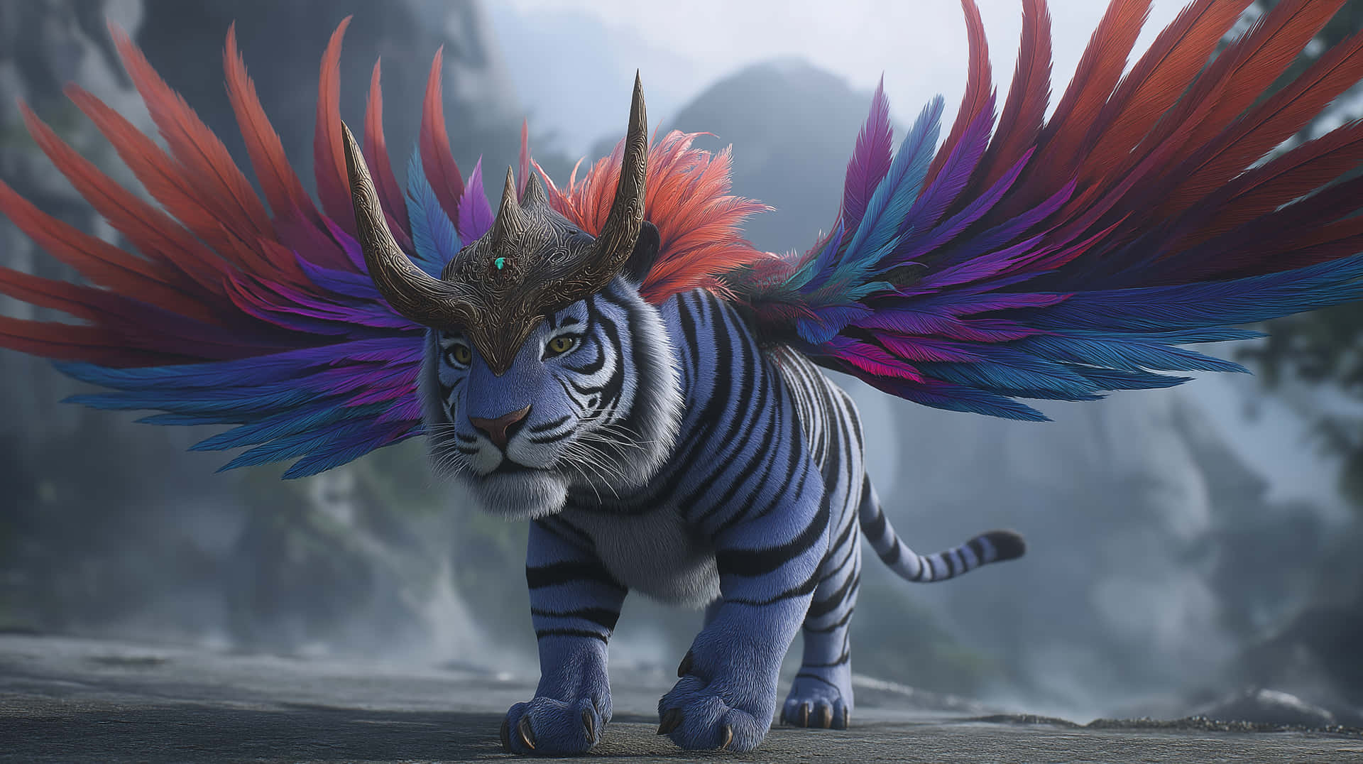 Vibrant Winged Tiger-Like Beast with Ornate Horns 壁紙 — 一隻雄偉的藍色老虎，擁有鮮豔的紅色、紫色和藍色羽毛翅膀，在霧氣瀰漫的山景中大步前進。