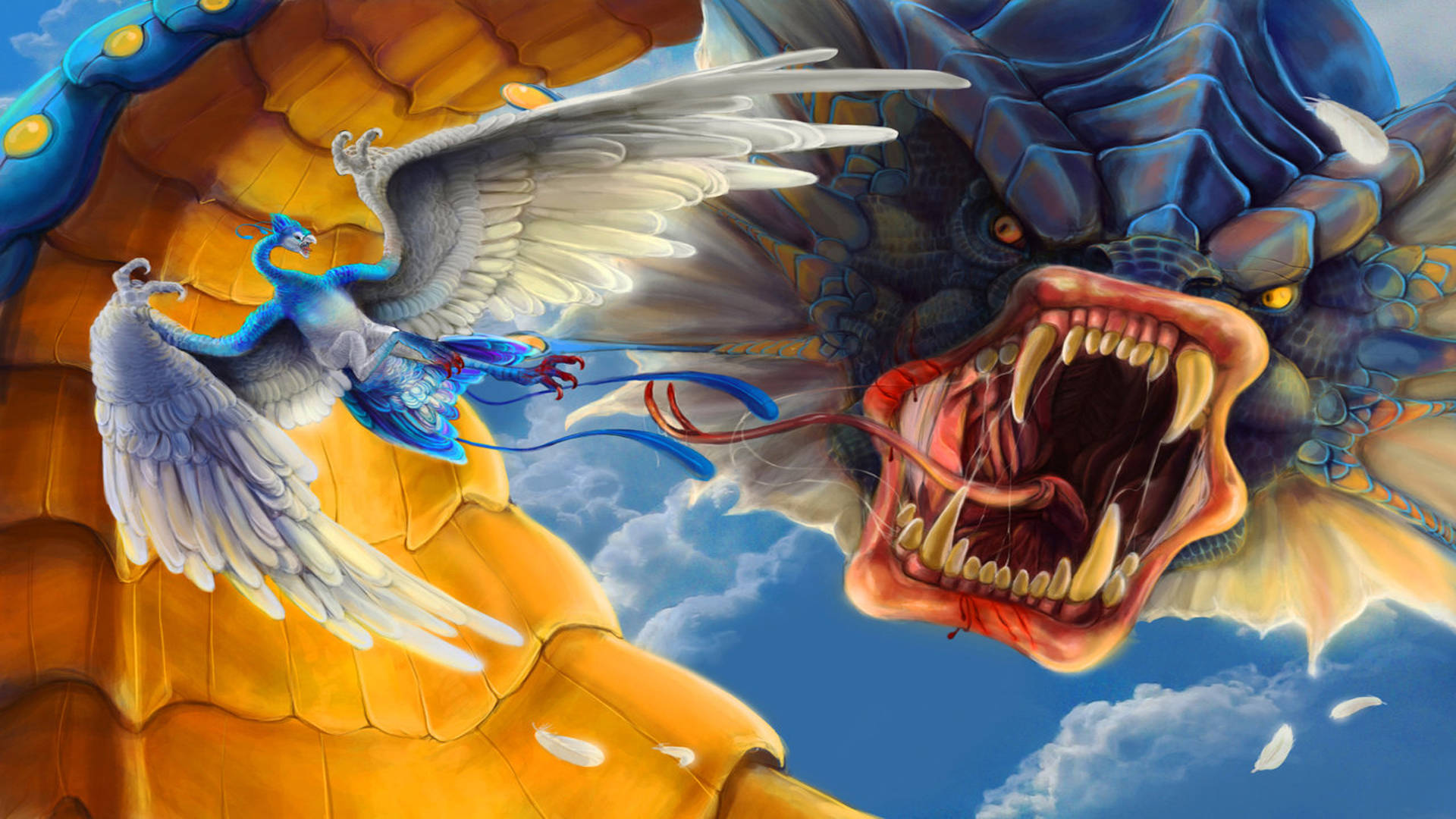 Gyarados 桌布 壁紙 — 一隻雄偉的藍色鳳凰，白色翅膀，在戲劇性的天空戰鬥中翱翔，面對一隻巨大藍色龍張開的大嘴。