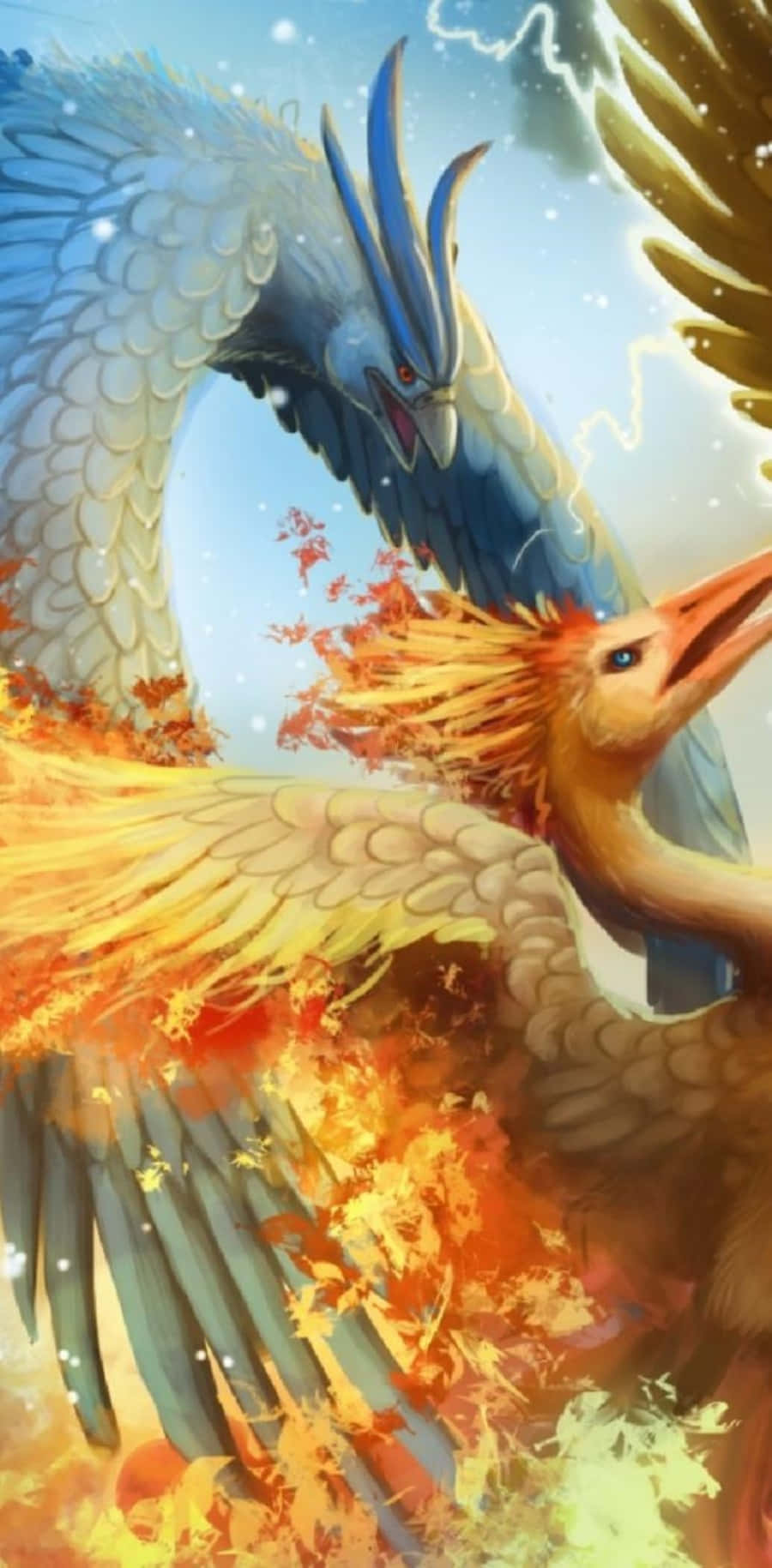 寶可夢 桌布 壁紙 — 一隻雄偉的藍色鳳凰在旋轉的火焰和電風暴雲中與一隻熾熱的橙色鳳凰對峙。