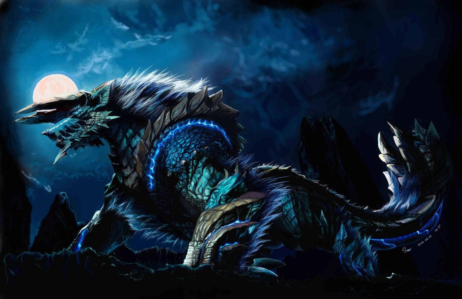 Monster Hunter 桌布 壁紙 — 一隻雄偉的藍色龍，帶有發光的鱗片，在滿月下於黑暗的山地景觀中咆哮。
