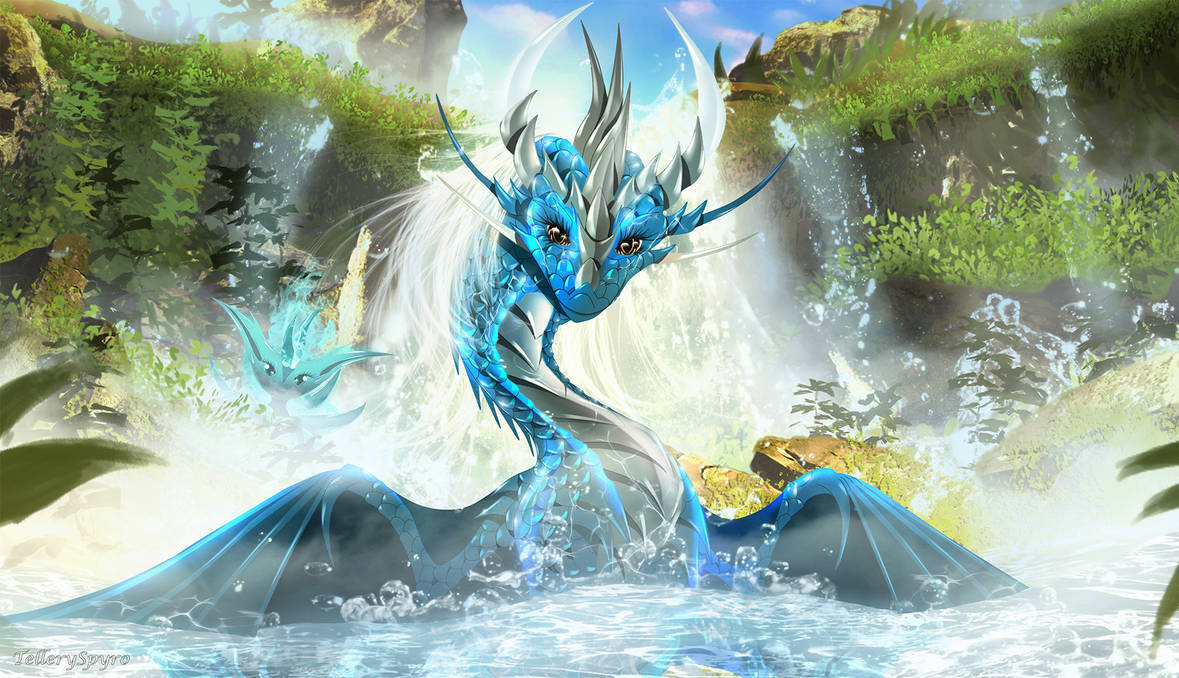 Water Dragon 桌布 壁紙 — 一隻雄偉的藍色龍，銀色角，從霧氣繚繞的瀑布中出現，周圍是茂密的綠色懸崖。