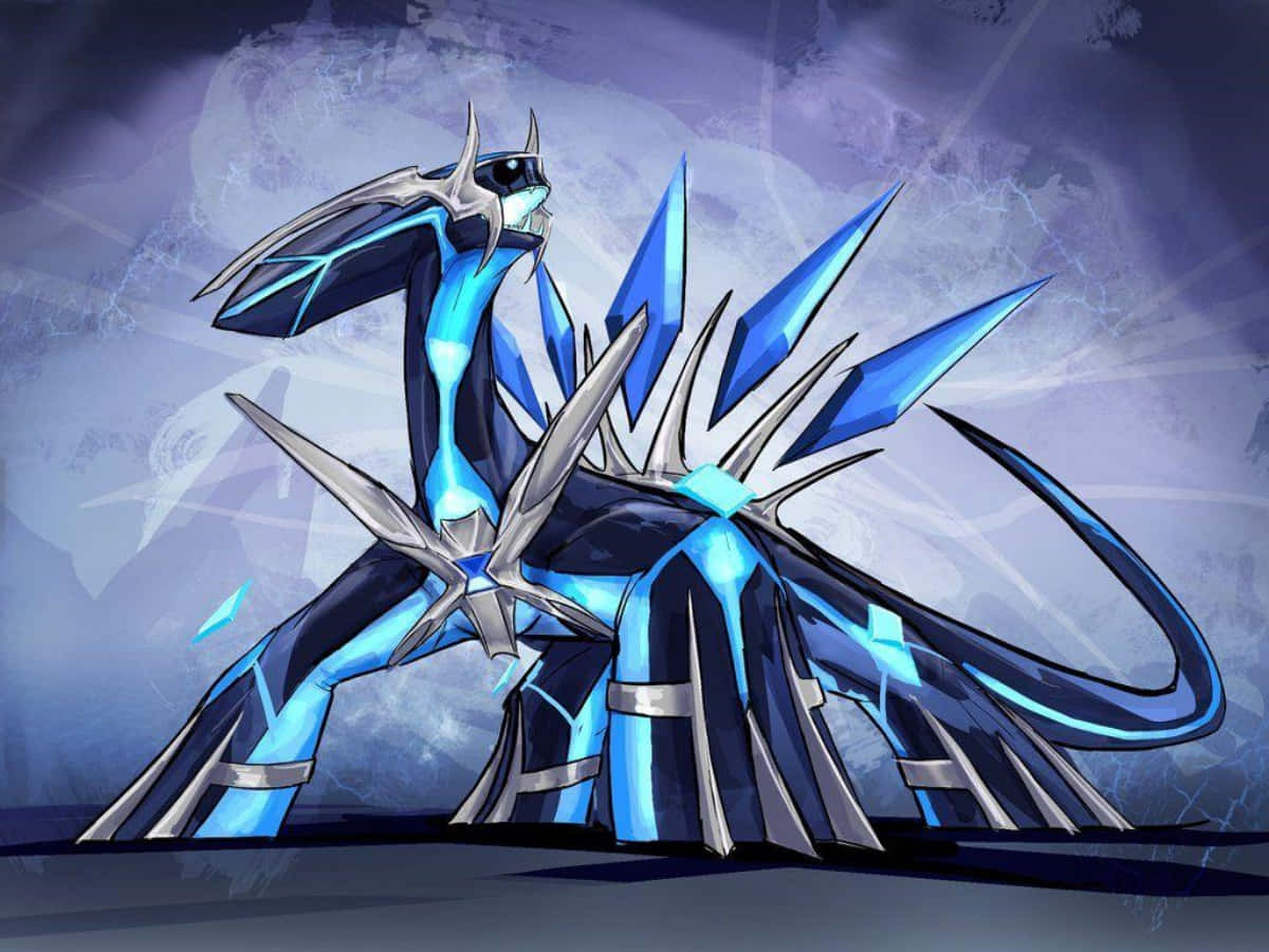 Dialga 桌布 壁紙 — 一隻雄偉的藍銀色龍，帶有水晶般的尖刺，在暴風雨般的紫色天空下蓄勢待發。