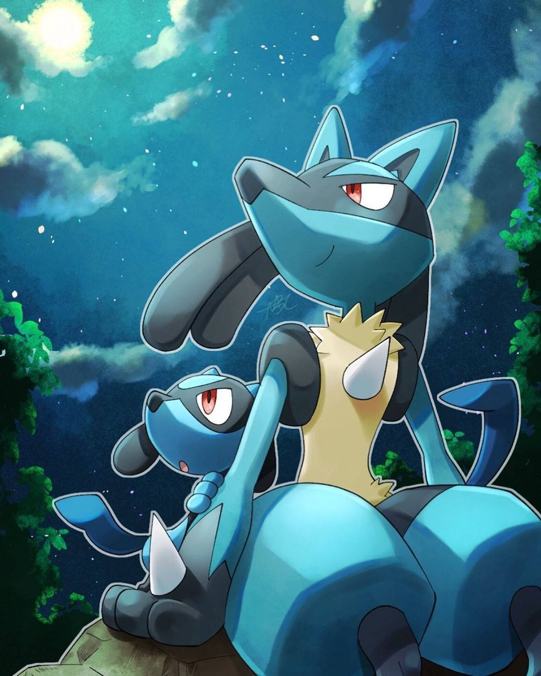 Lucario 桌布 壁紙 — 一隻雄偉的藍黑色路卡利歐在星光閃爍的夜空下，保護性地站在一隻較小的路卡利歐上方，月光閃耀。