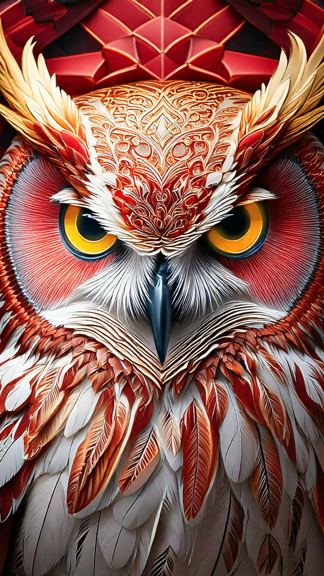 Red owl 壁紙 — 一隻雄偉的貓頭鷹，帶有複雜的紅金白色羽毛圖案，在幾何紅色背景下強烈凝視。