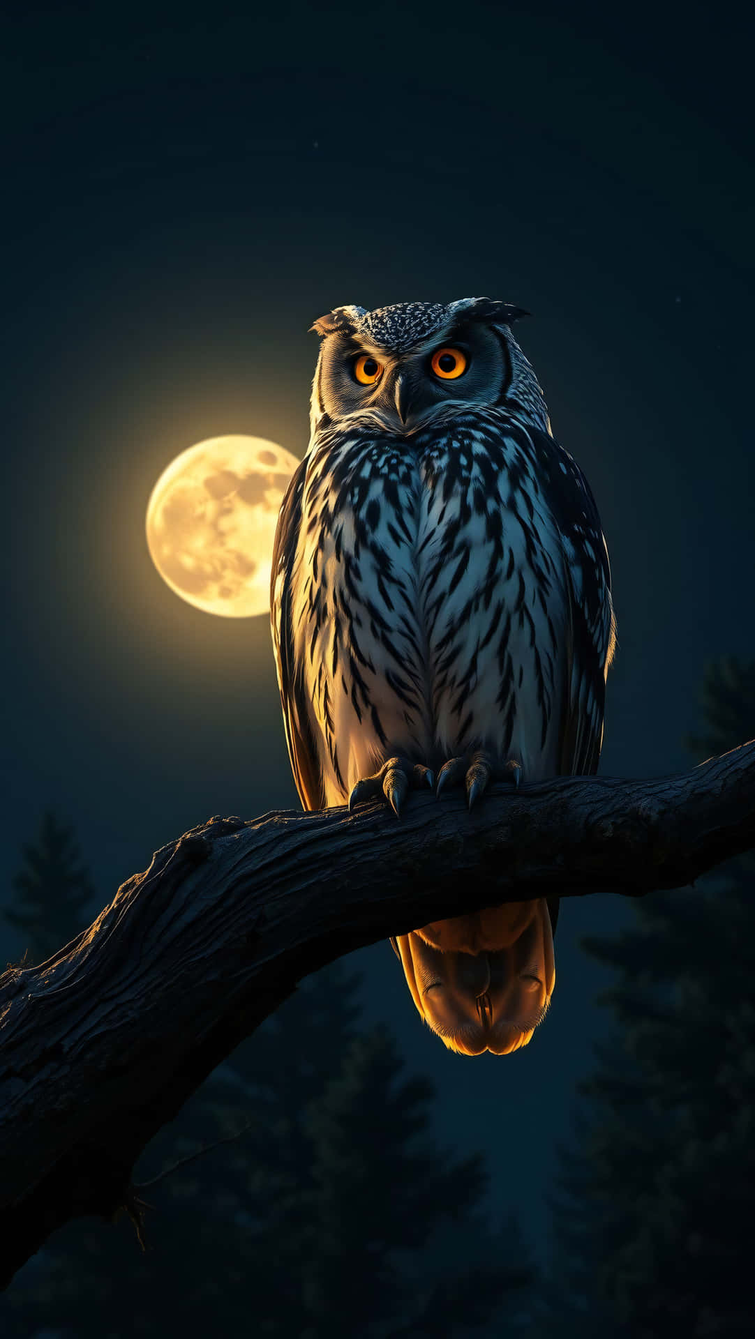 Owl 壁紙 — 一隻雄偉的貓頭鷹，擁有發光的橙色眼睛，棲息在一個多節的樹枝上，背景是明亮的滿月和黑暗的森林。