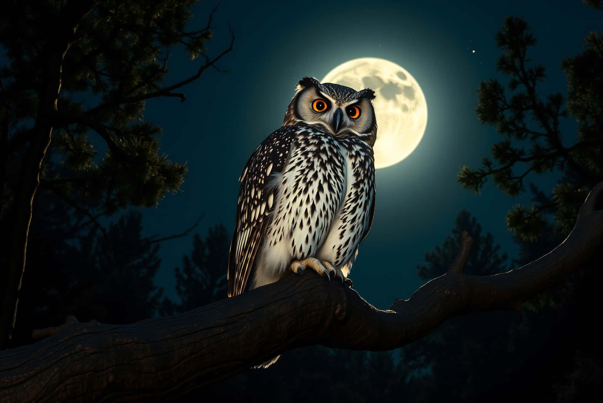 Owl 壁紙 — 一隻雄偉的貓頭鷹，擁有發光的橙色眼睛，棲息在黑暗松林中一棵發光的滿月下的多節樹枝上。