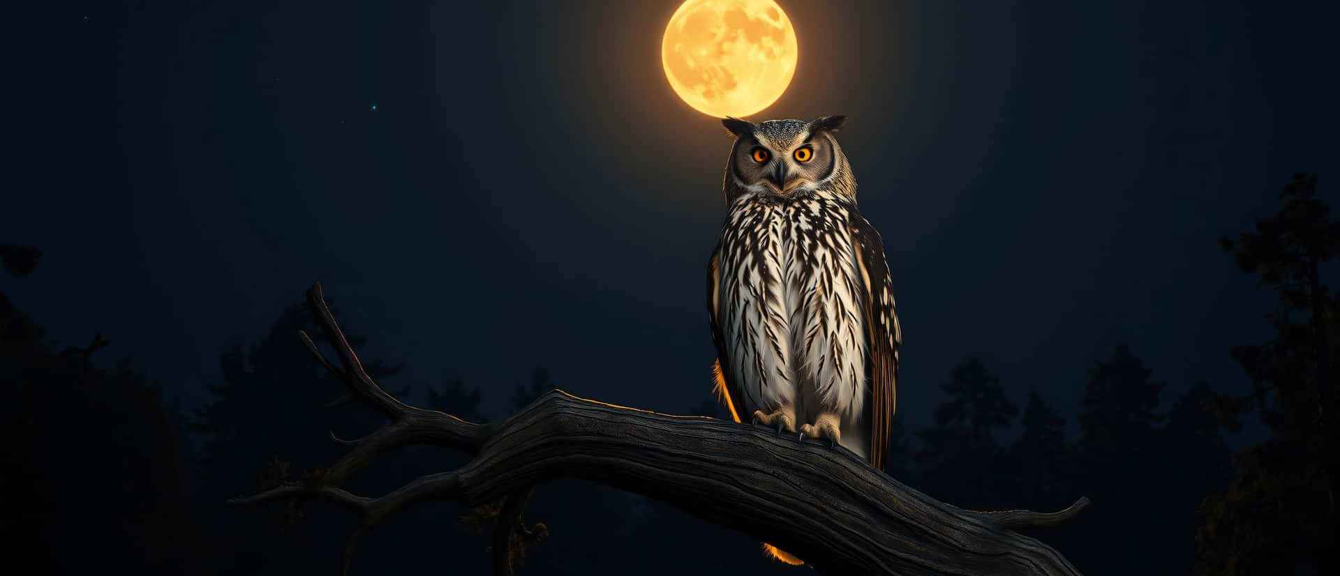 Owl 壁紙 — 一隻雄偉的貓頭鷹，有著發光的橙色眼睛，棲息在黑暗森林中一根多節的樹枝上，下方是一輪明亮的滿月。