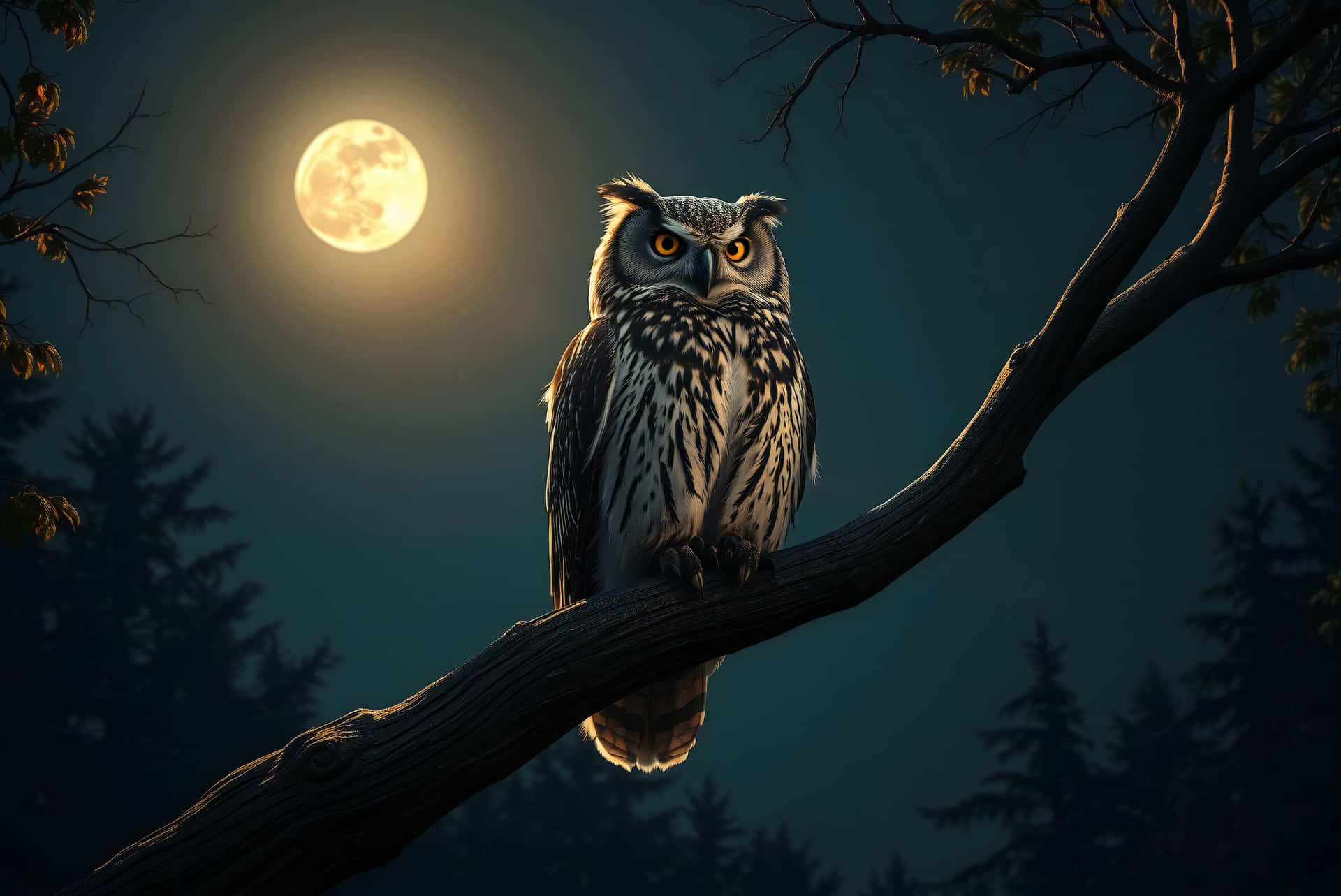 Owl 壁紙 — 一隻雄偉的貓頭鷹，有著銳利的黃色眼睛，棲息在一個多節的樹枝上，在明亮的滿月下，柔和的光線灑在牠羽毛覆蓋的身體上。