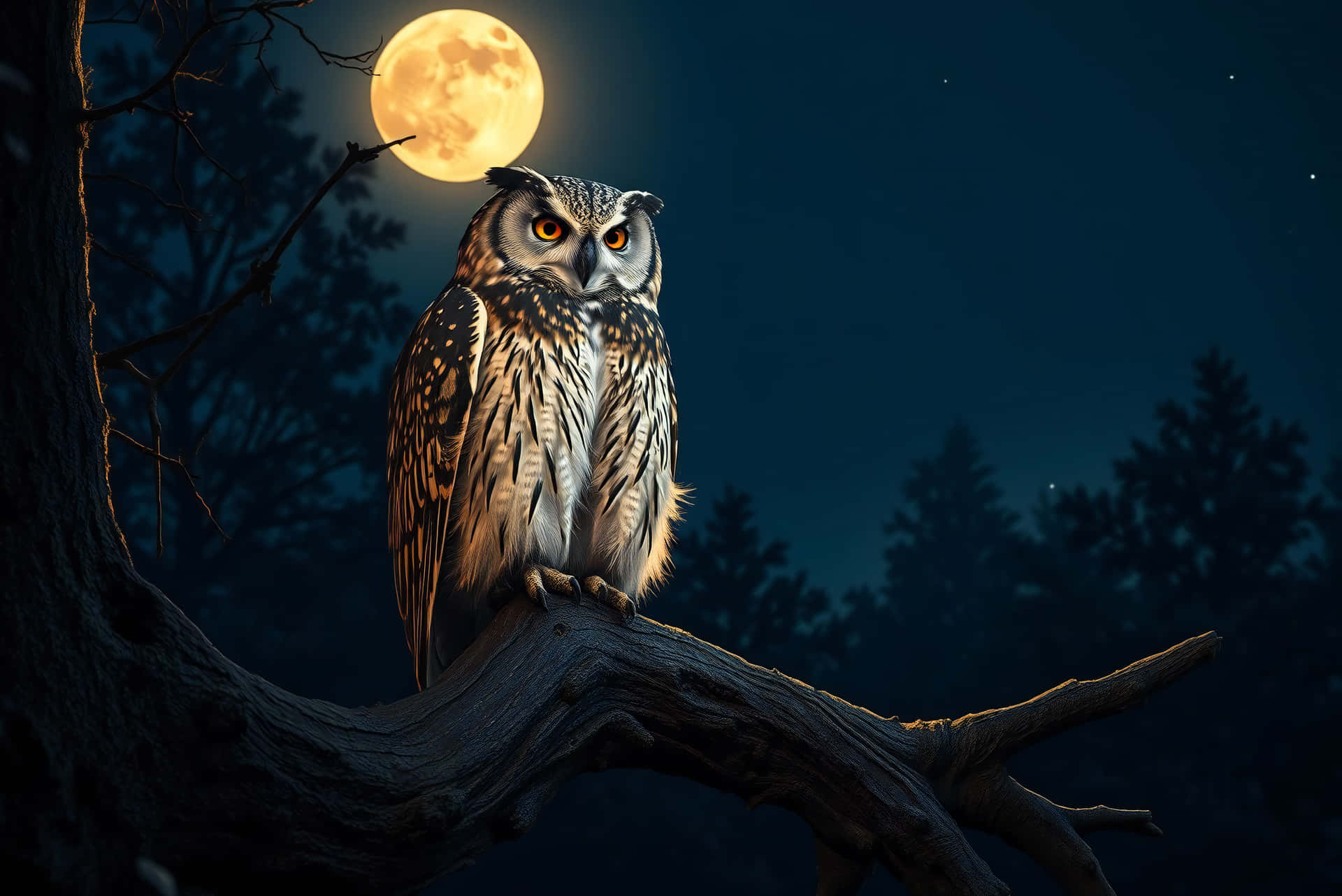 Owl 壁紙 — 一隻雄偉的貓頭鷹，眼睛發出橙色光芒，棲息在黑暗森林中一輪明亮的滿月下的多節樹枝上。