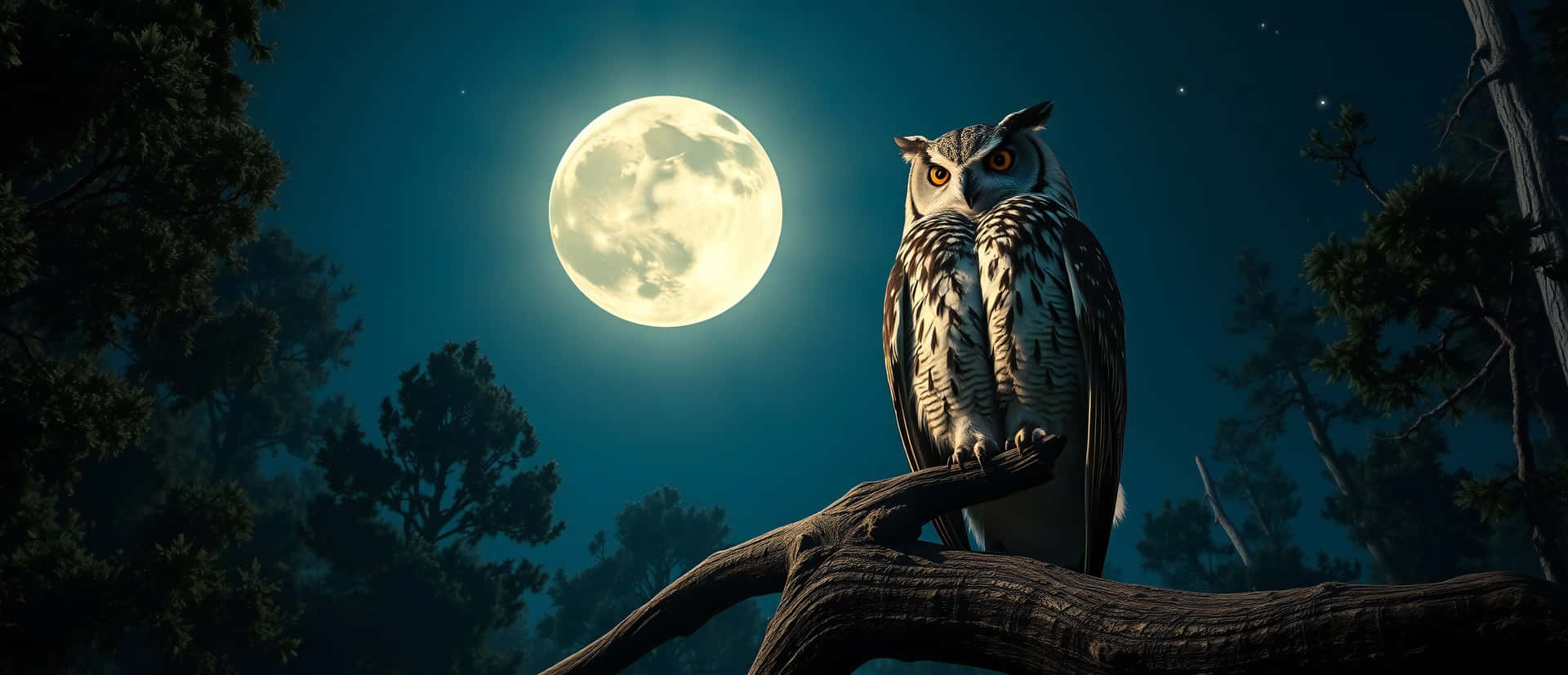 Owl 壁紙 — 一隻雄偉的貓頭鷹棲息在一個多節的樹枝上，下方是明亮的滿月，在夜晚的密林中。
