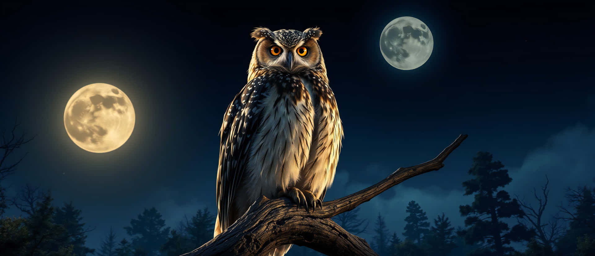 Owl 壁紙 — 一隻雄偉的貓頭鷹棲息在樹枝上，下方有兩個發光的月亮，背景是黑暗的森林天空。