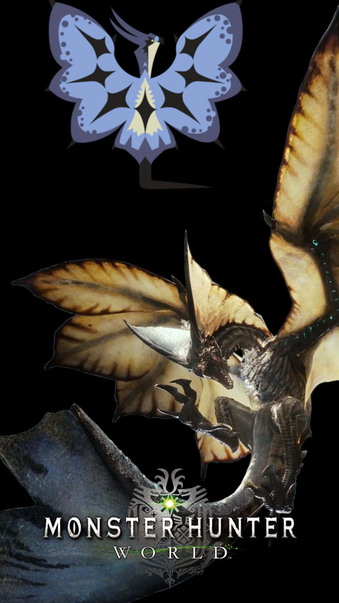 Android Monster Hunter World 桌布 壁紙 — 一隻雄偉的金翼怪物在黑色背景上翱翔，上方有一個發光的藍色蝴蝶標誌。
