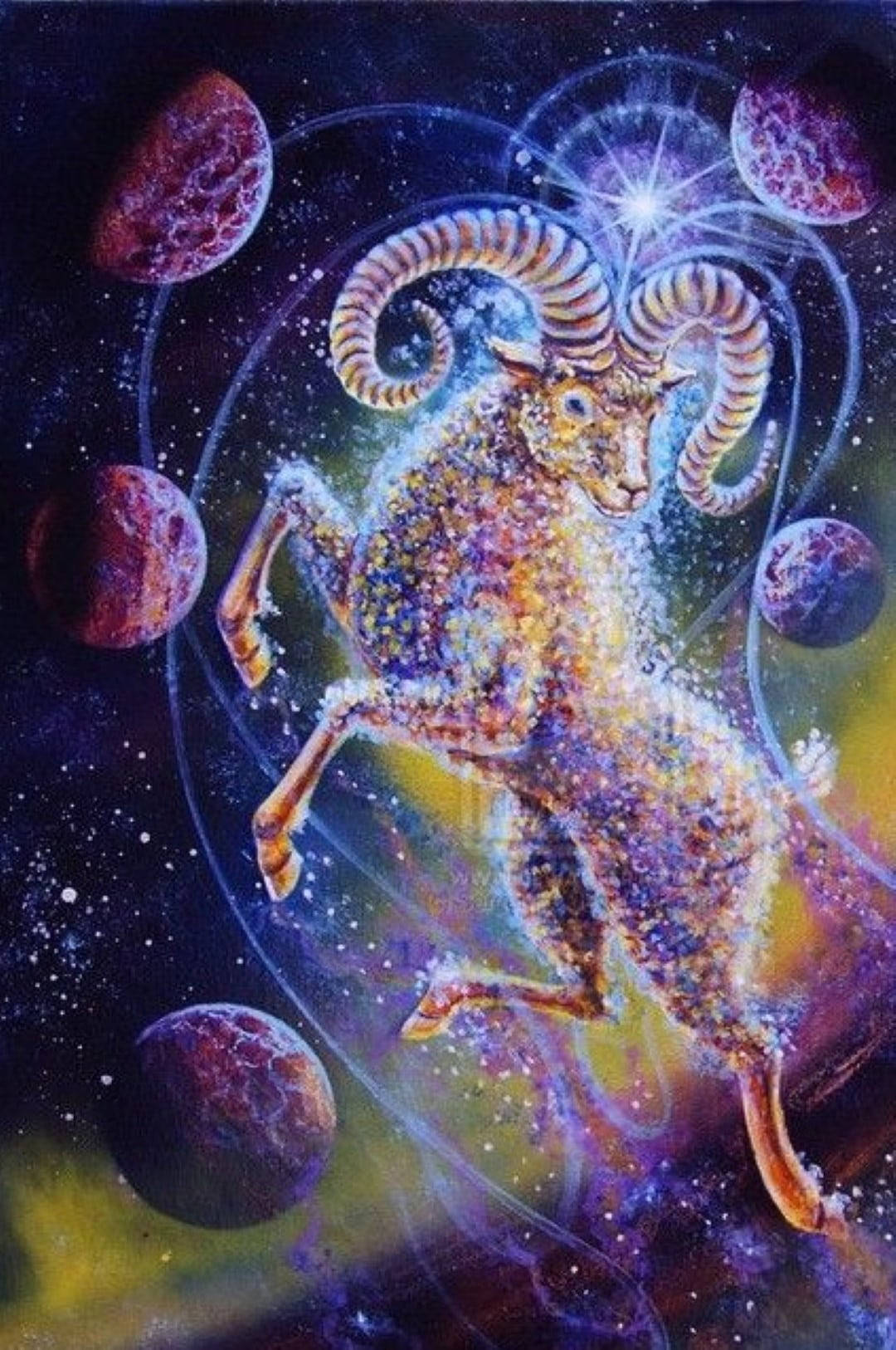 星座 桌布 壁紙 — 一隻雄偉的金色公羊，帶有螺旋角，跳過被發光行星和璀璨星光包圍的宇宙虛空。