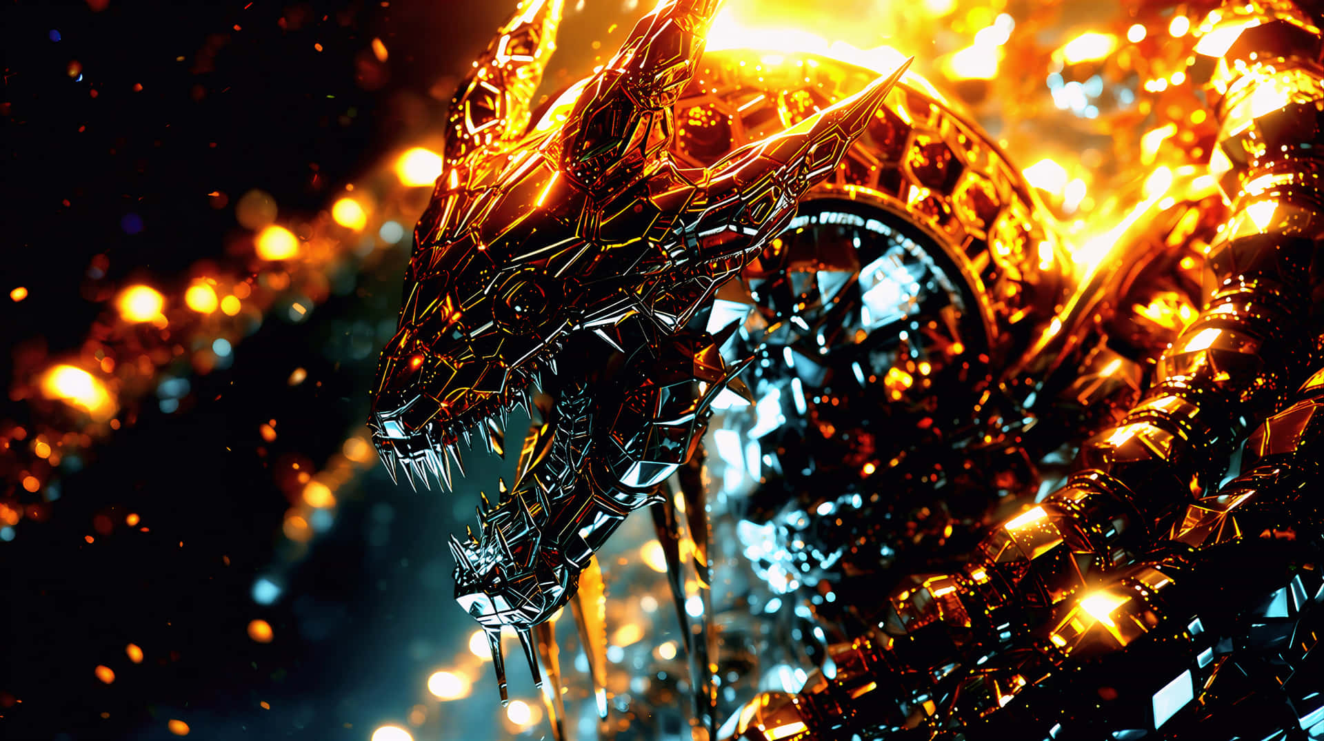Golden Crystal Metallic Dragon – Luxurious Chrome Fantasy Masterpiece 壁紙 — 一隻雄偉的金色機械龍，擁有發光的眼睛和鋒利的金屬鱗片，從熾熱的宇宙背景中出現。