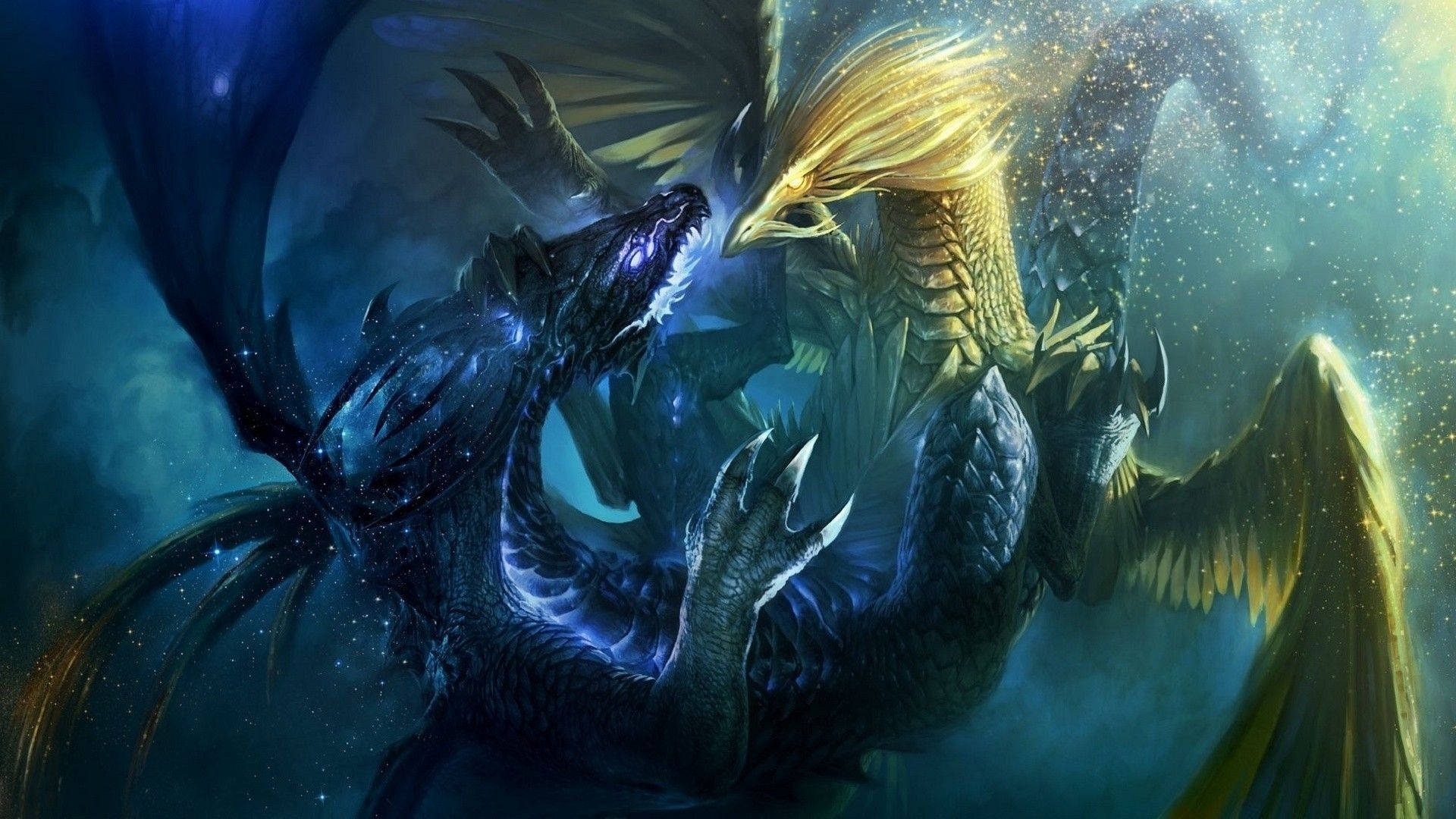 Water Dragon 桌布 壁紙 — 一隻雄偉的金色鳳凰在旋轉星光和虛幻能量中與深藍色龍進行宇宙戰鬥。