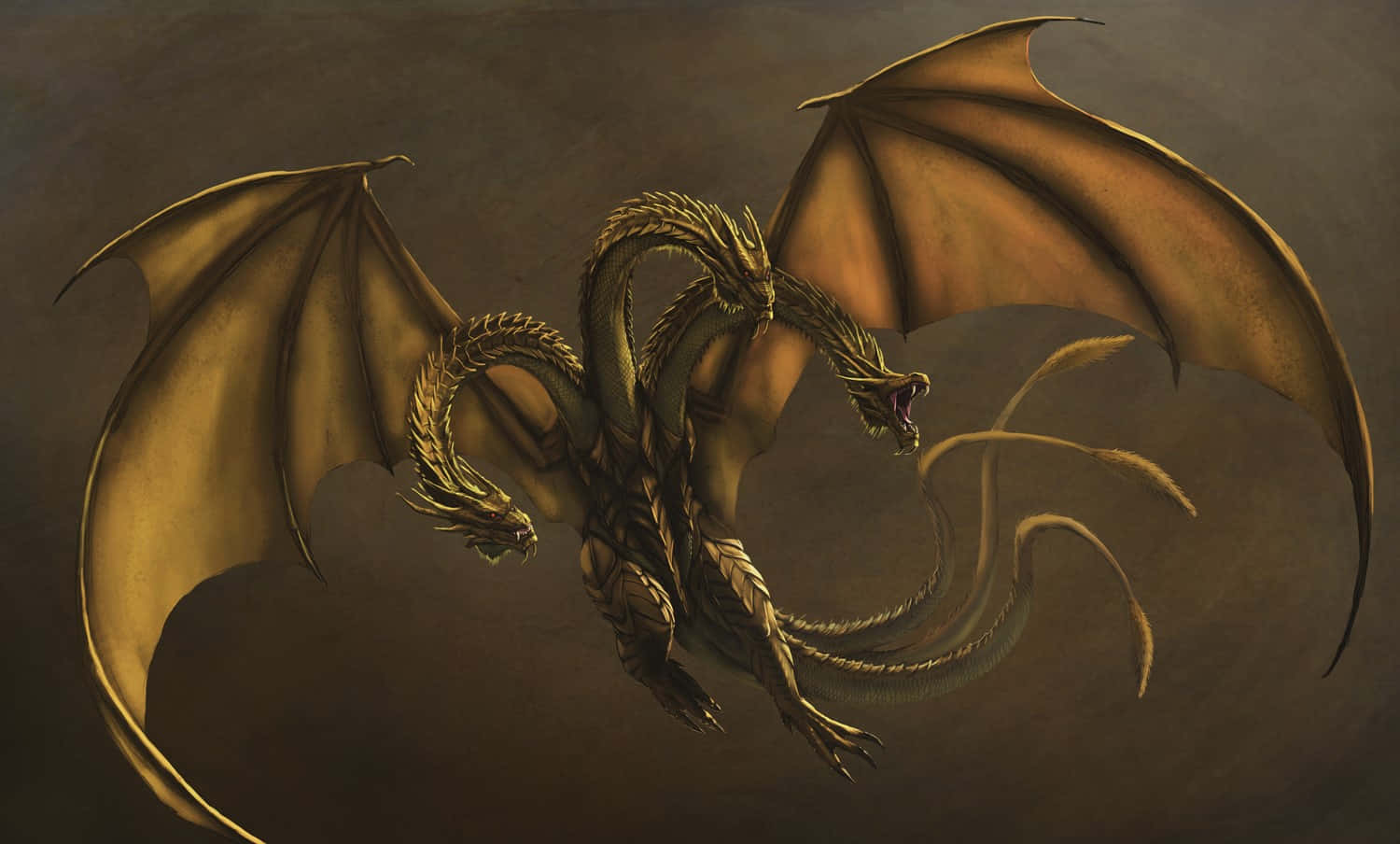 King Ghidorah 桌布 壁紙 — 一隻雄偉的金色龍，展開翅膀，多個頭顱，在黑暗煙霧繚繞的背景中翱翔。