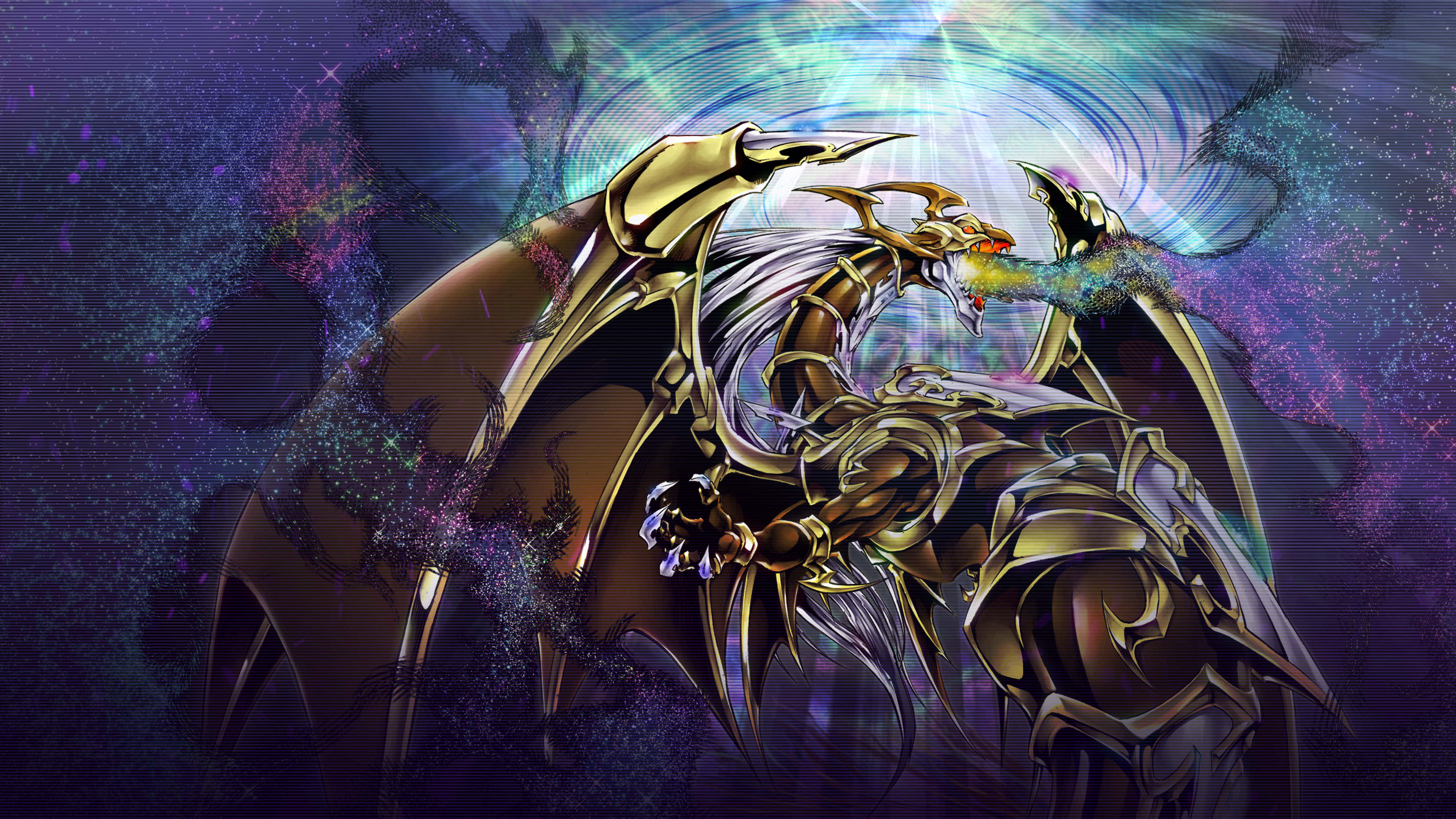 Yugioh 桌布 壁紙 — 一隻雄偉的金色龍，擁有發光的眼睛和翅膀，在宇宙星雲背景上展開，噴射著輻射能量。