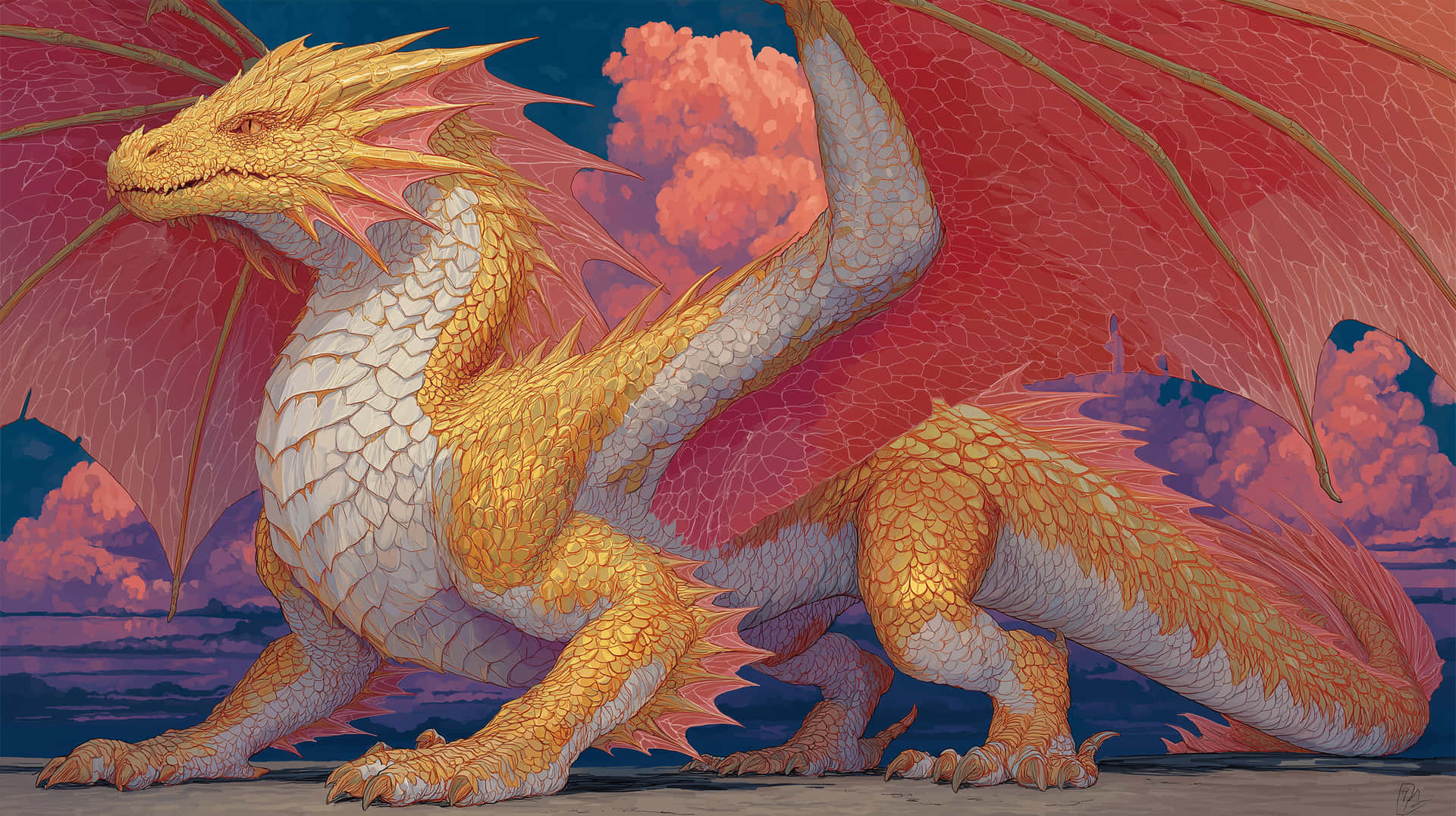 Regal Golden Dragon with Expansive Red Wings at Sunset 壁紙 — 一隻雄偉的金色龍，擁有紅色翅膀，在帶有粉紅色和紫色雲彩的暮色天空下屹立。