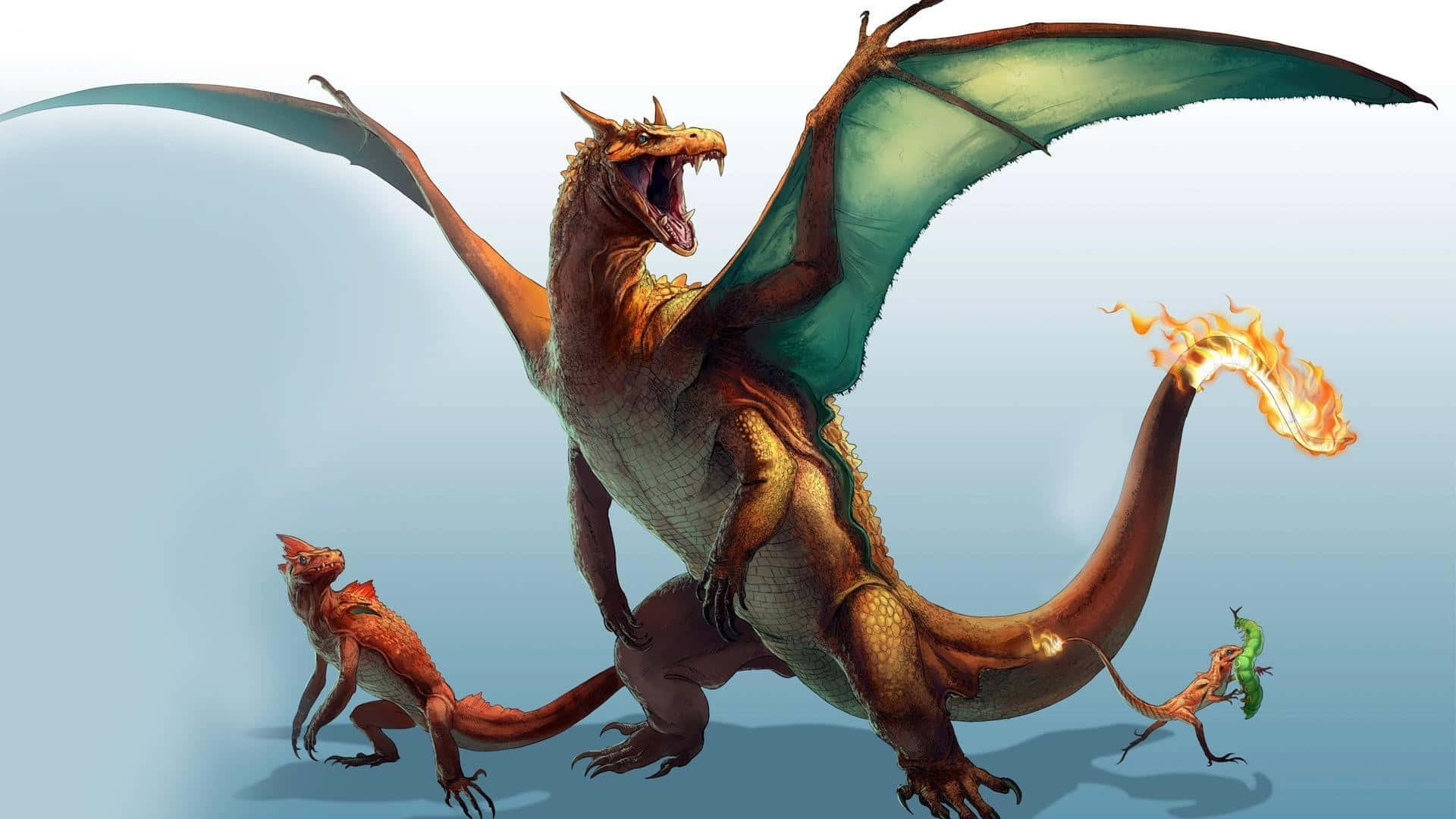 Pokemon Fan Art 桌布 壁紙 — 一隻雄偉的金色龍，擁有藍綠色翅膀，咆哮著噴火，兩條較小的龍在柔和的藍色漸層背景附近奔跑。