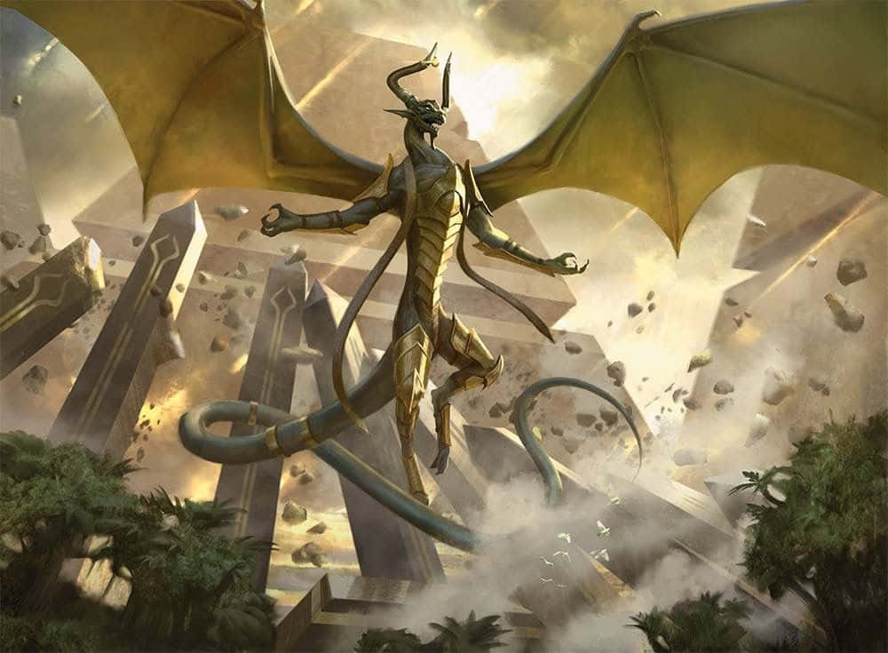 horns 桌布 壁紙 — 一隻雄偉的金色龍展開翅膀，站在崩塌的古代廢墟頂端，周圍是墜落的碎片和發光的光芒。