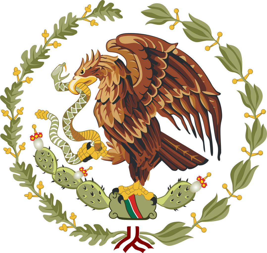 墨西哥國旗 桌布 壁紙 — 一隻雄偉的金鷹抓著一條綠白相間的蛇，棲息在仙人掌上，周圍環繞著月桂花環。